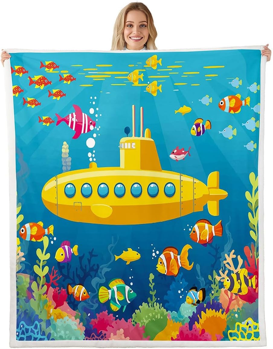 Submarine Sherpa Blanket Cartoon Yellow Submarine Fleece Throw Blanket for Kids Boys Girls Underwater World Decor Plush Blanket Cute Sealife Fuzzy Blanket for Sofa Bed Couch,Baby 30x40 Inches