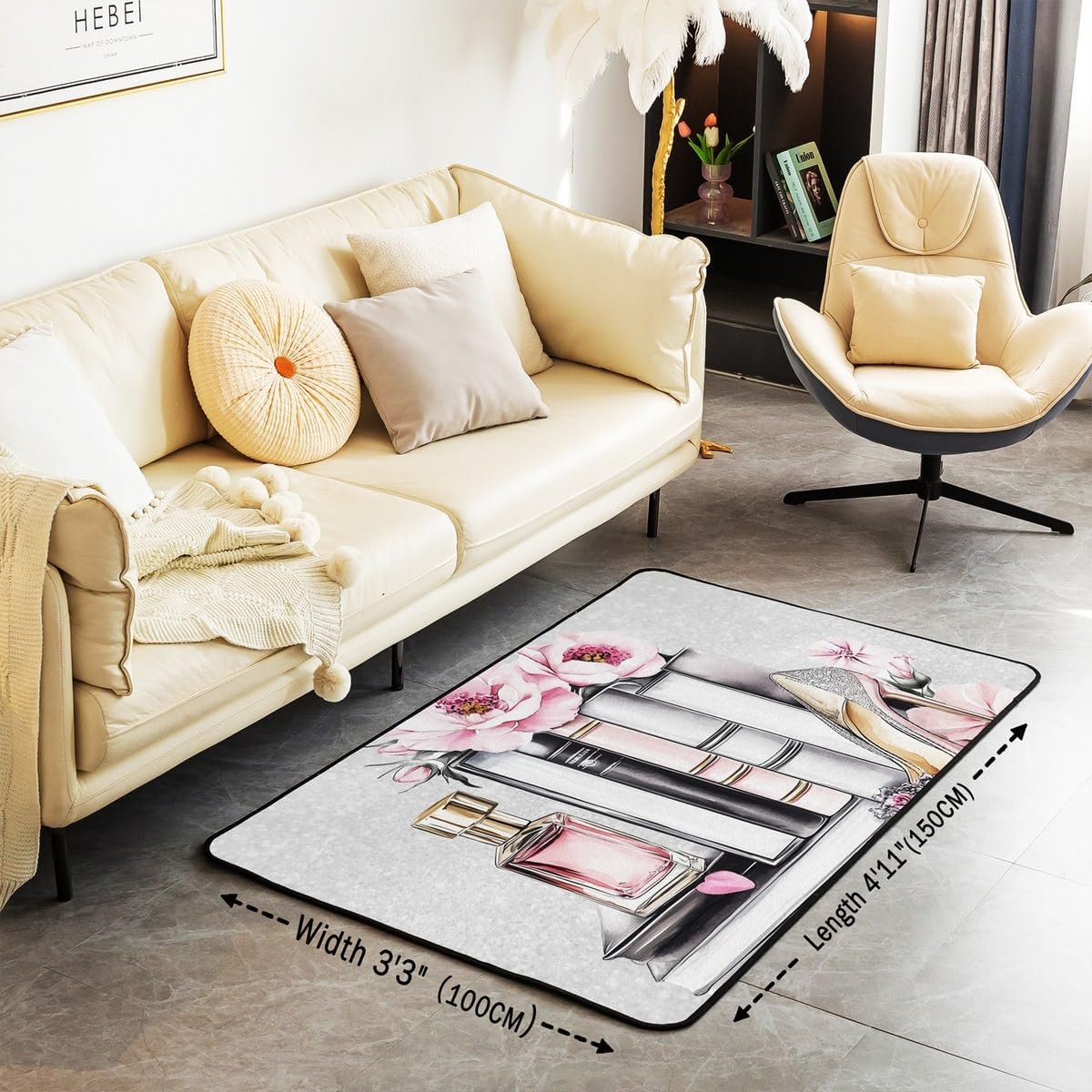 Erosebridal Pink Girly Carpet 4'11" x 3'3" Silver Fashion Decorative Washable Rug Women Girls Gray Pink Flower Perfume Area Rug High Heels Magazine Books Floral Indoor Floor Mat