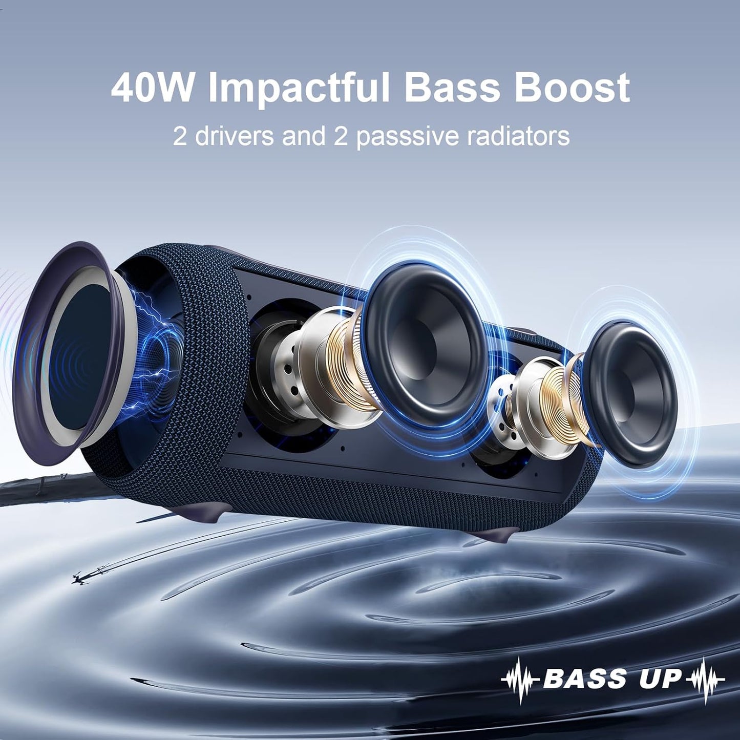 Passau Portable Bluetooth Speakers 40W Peak Loud Stereo Sound, Passive Radiators-Deep Bass, All Day Playtime, Adjustable Strap, BT5.3, IPX5 Wireless Speaker RGB Lights for Indoor Outdoor-Blue