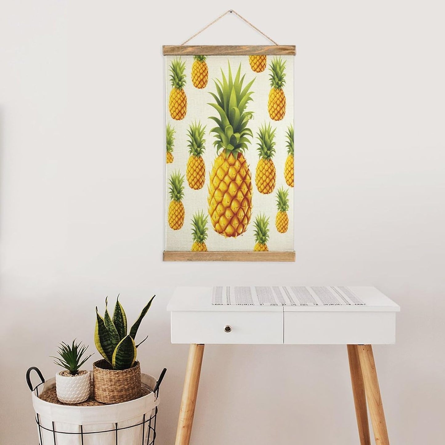 Vintage Yellow Pineapple on White Background Illustration Poster with Wooden Frame Personalized Linen Hanging Scroll Painting Rustic Wall Hanging Illustrative Modern Artwork Decor for Home Living Room