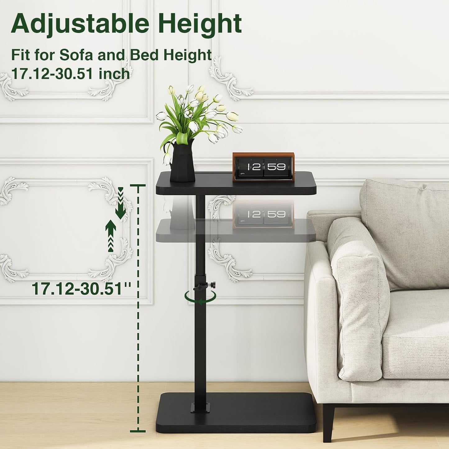 IBUYKE C Shaped Side Table, 360° Swivel Height Adjustable End Table for Small Spaces, with Phone & Tablet Slot, Modern Small Coffee Snack Table for Sofa/Bed, Black UTVT003B
