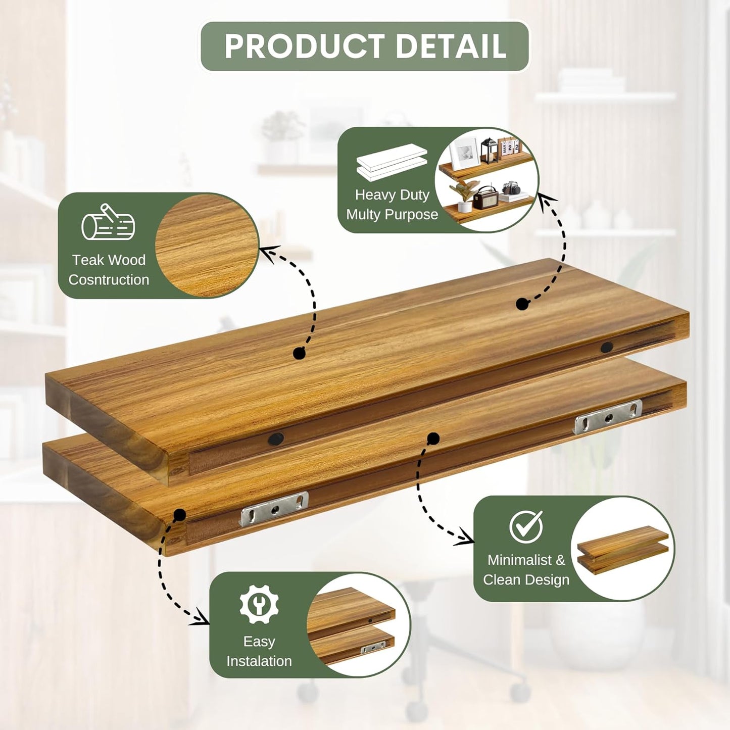 Teak Wood Floating Shelves Perfect for Bathroom Décor Pack of 2 Wooden Wall Shelves for Bedroom Living Room Kitchen Simple Minimalist Home Décor 17” x 6.7