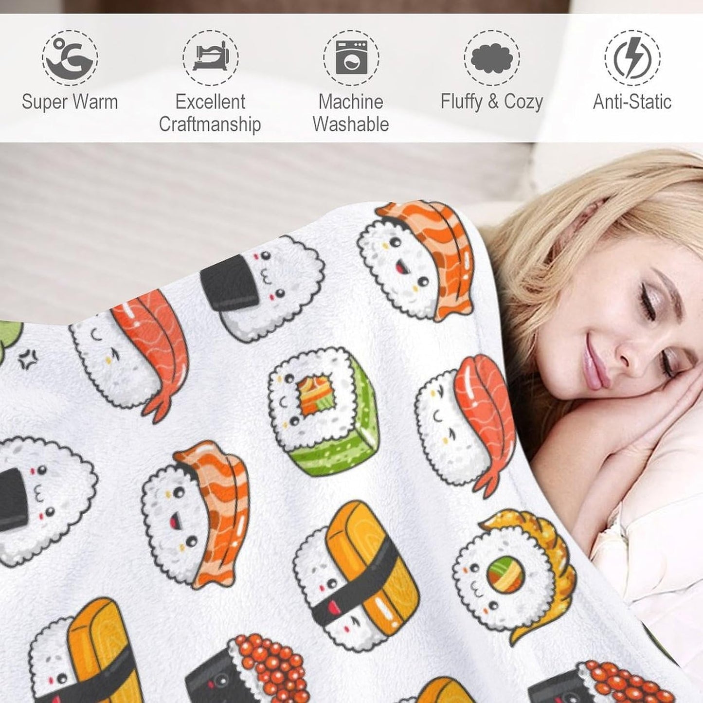 Cartoon Kawaii Sushi Super Soft Cozy Throw Blanket, Lightweight Fuzzy Comfy Flannel Blanket Warm Plush Throw Blankets for Couch, Sofa, Bed Travel and Camping Blanket Gifts 60"x50"