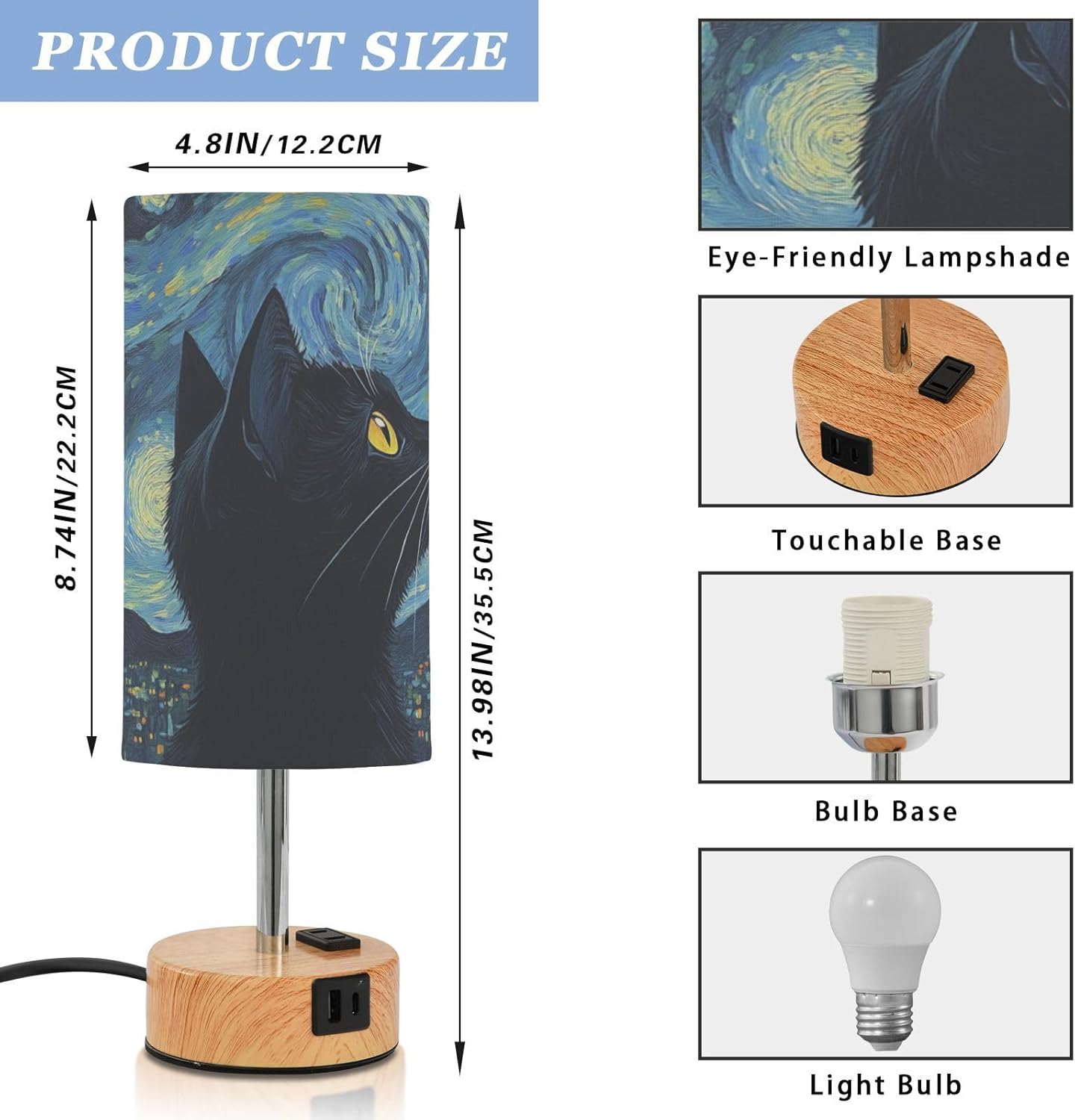 Dimmable Starry Night Art Black Cat Table Lamp with 2 USB C Charging Ports & AC Outlet, Touch Lamps for Nightstand Bedside Small Lamp Night Stand Side Light for Bedroom/Desk, 14 in