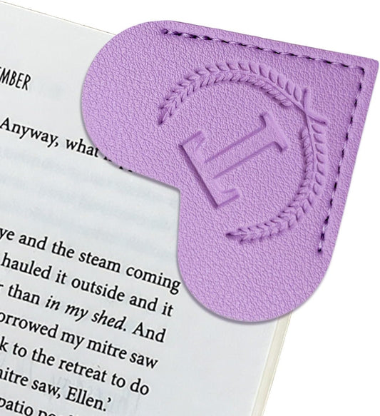 XIANGYUAN Personalized Leather Heart Bookmark with Initial,Cute Bookmarks 26 Letters Corner Book Marks for Reading Women,Men, Kids,Book Accessories for Book Lovers Gifts(Purple T)