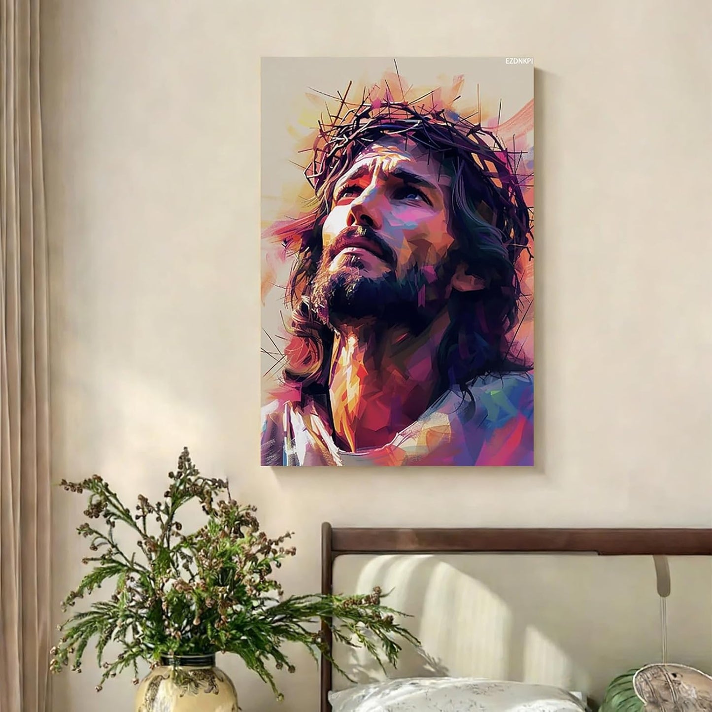 Jesus Persecution Canvas Oil Painting Style Wall Art Crown of Thorns Catholic God Poster Print Artwork Picture for Bedroom Room Decor 8x12inch Framed