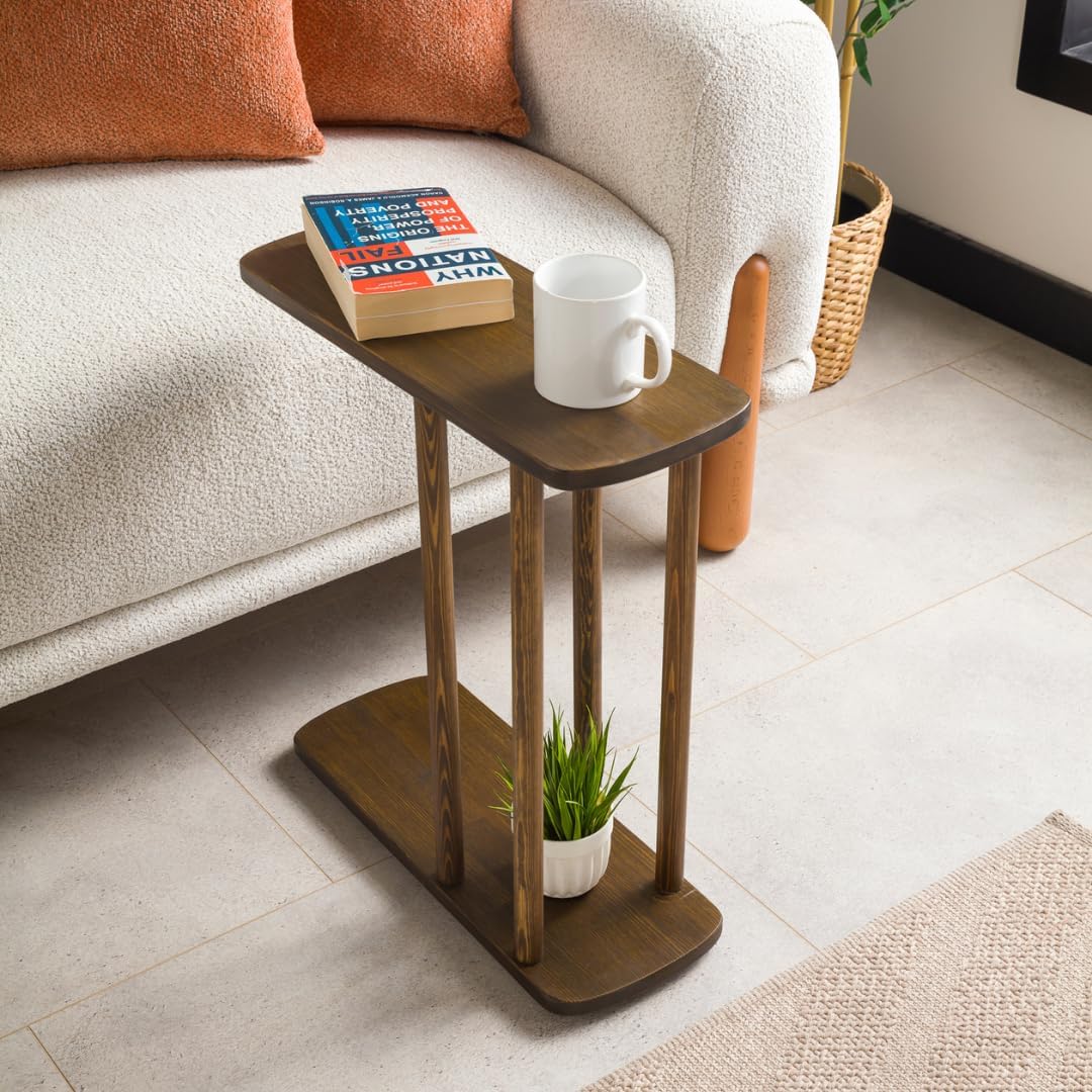 C-Shaped Solid Wood End Table, Side Table for Couches, Sofa Tables Slide Under Couch for Living Room, Over Couch TV Tray Table for Small Spaces Style Wooden (Dark Walnut, Medium)