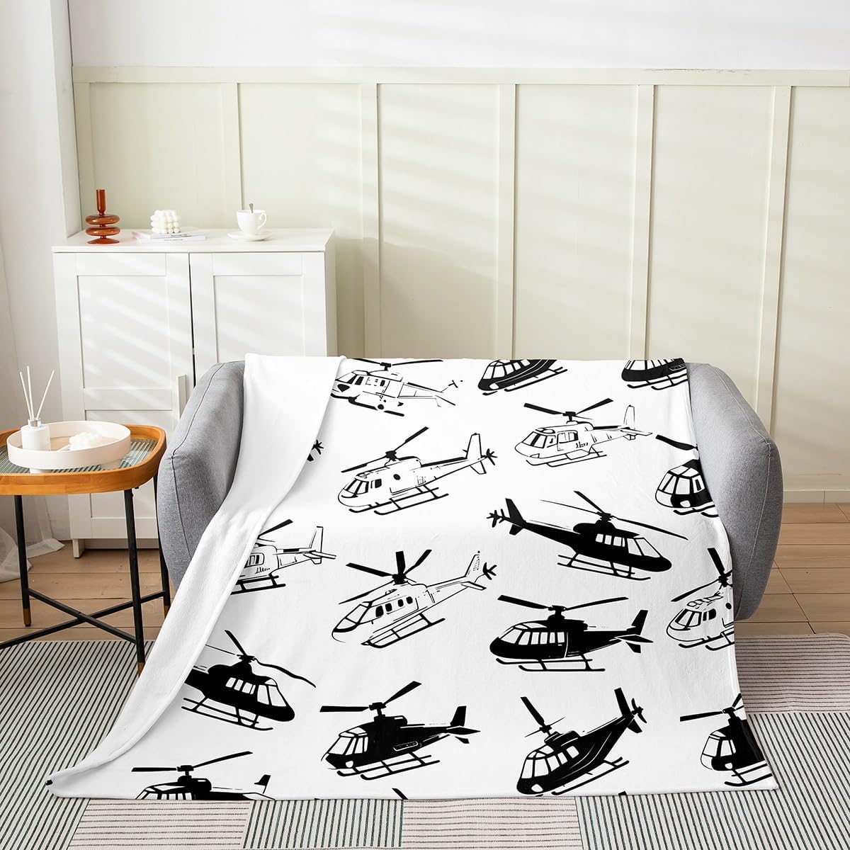 Feelyou Helicopter Flannel Fleece Throw Blanket Throw 50"x60" Black White for Boys Teens Airplane Print Plush Blanket Aircraft Flying All Season Bed Blanket