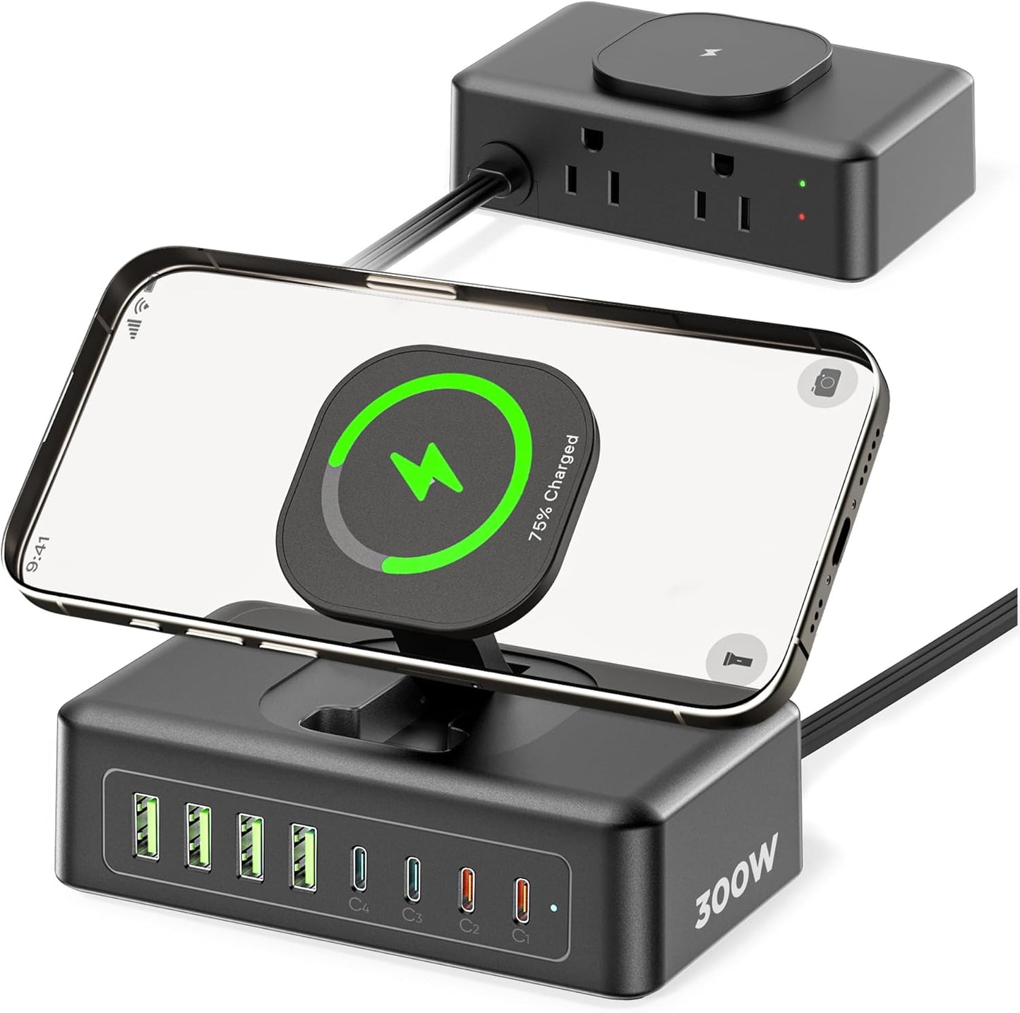 300W USB Charging Station, 11-in-1 USB C Power Strip Surge Protector, 2AC Outlets & 8USB Ports, 5ft Flat Plug Extension Cord with Multiple Devices, Desktop Charger for Home Office Desk Accessories
