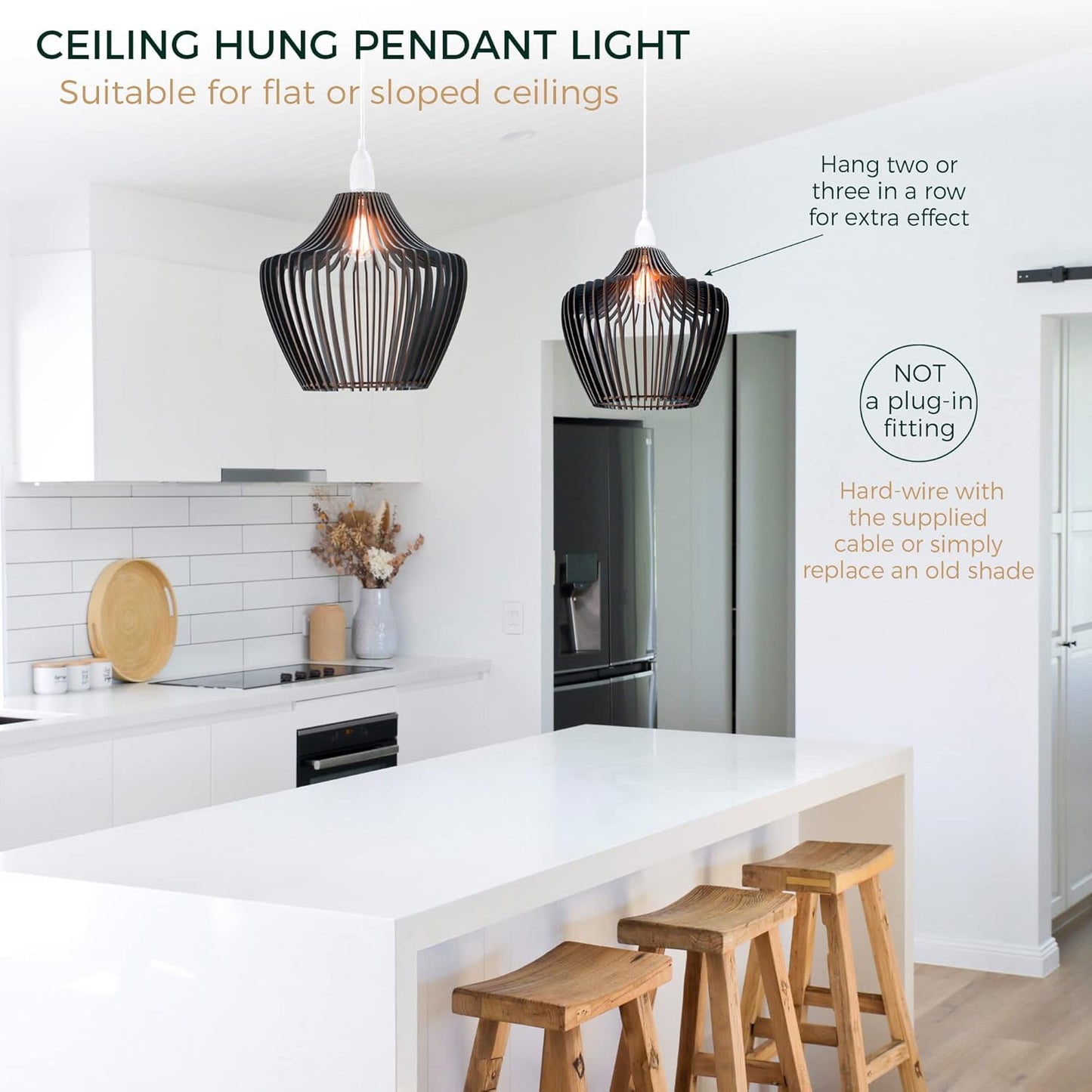 Wood Pendant Light - Easy-to-Assemble Ceiling Chandelier - Modern Boho Hanging Lamp Lighting Fixture for Dining, Kitchen, Bedroom, Living Room - Adjustable Nylon Cord, Uses Standard Bulb