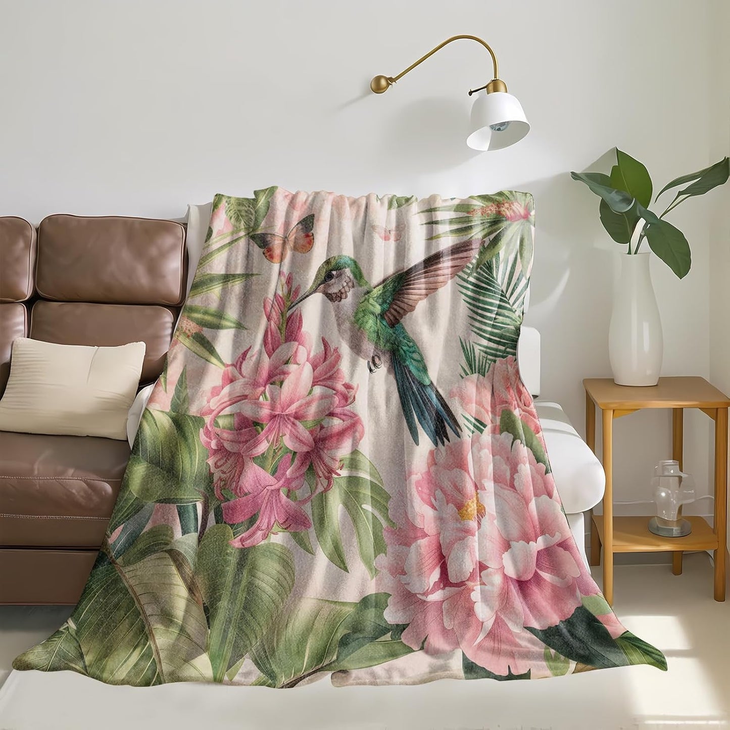 Floral Hummingbird Throw Blanket, Warm Flannel Blankets Tropical Garden with Flower Butterfly and Leaf, Nature Decor and Gifts, Soft Cozy Throws, 50"X60" for Bedroom Couch Travel Office
