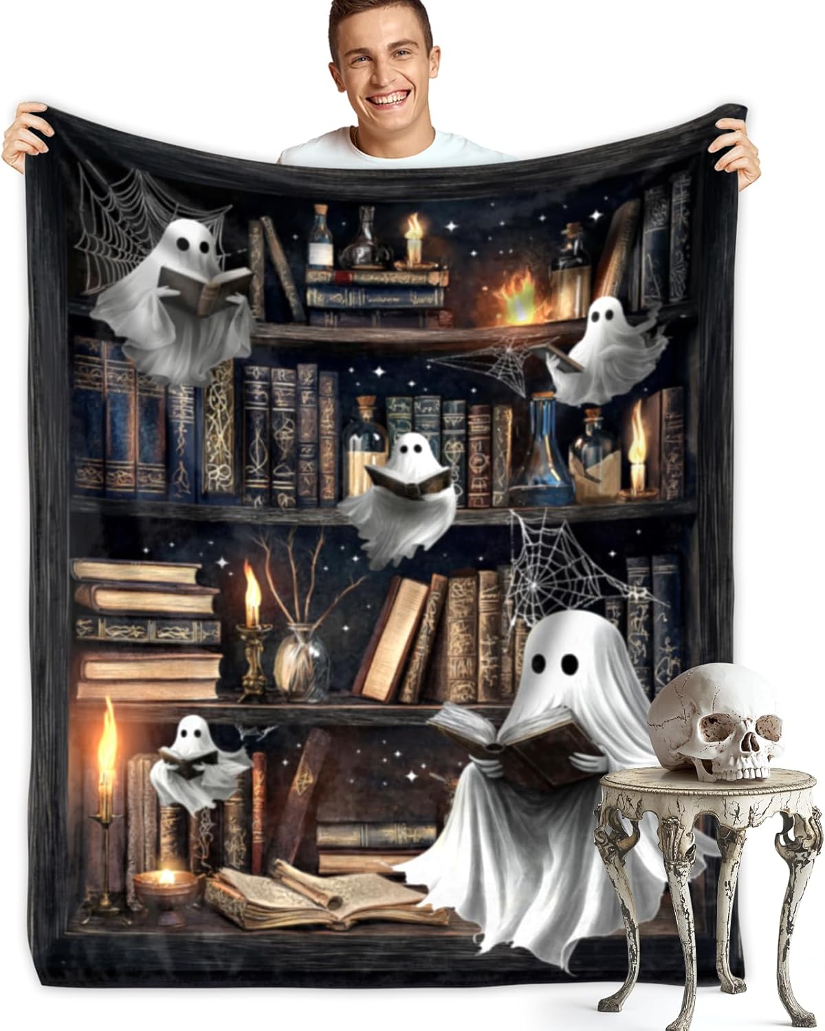 Halloween Throw Blanket Funny Cute Ghost Blankets Black and White Horror Ghost Reading A Book Warm Cozy Soft Flannel Fleece Blanket for Kids Adults Couch Bed Sofa Travel Camping All Season 40"X60"