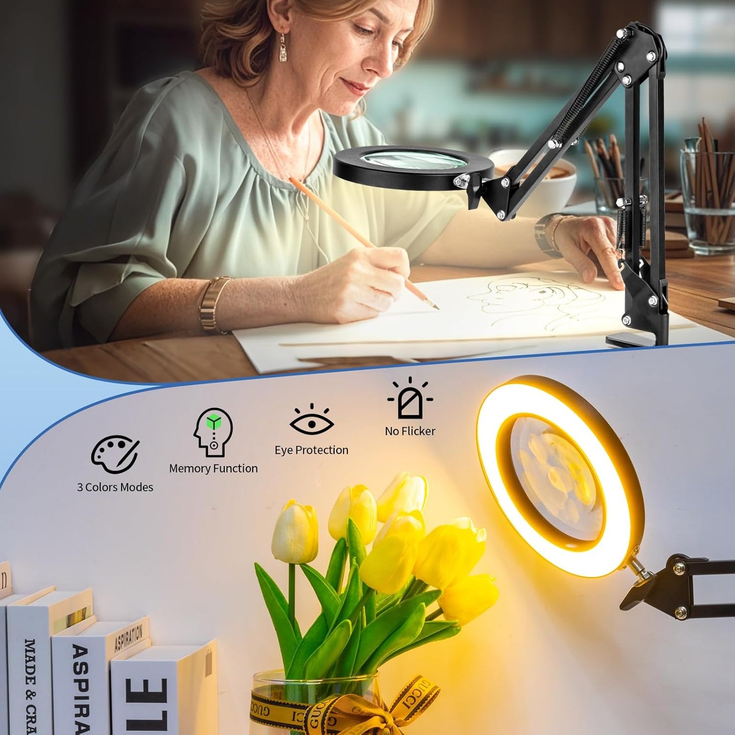 HITTI 10X Magnifying Glass with Light and Stand, Stepless Dimming 3 Color Modes LED Magnifier Lighted Glass, Hands Free Desk Lamp with Clamp for Reading Repair Crafts Close Work
