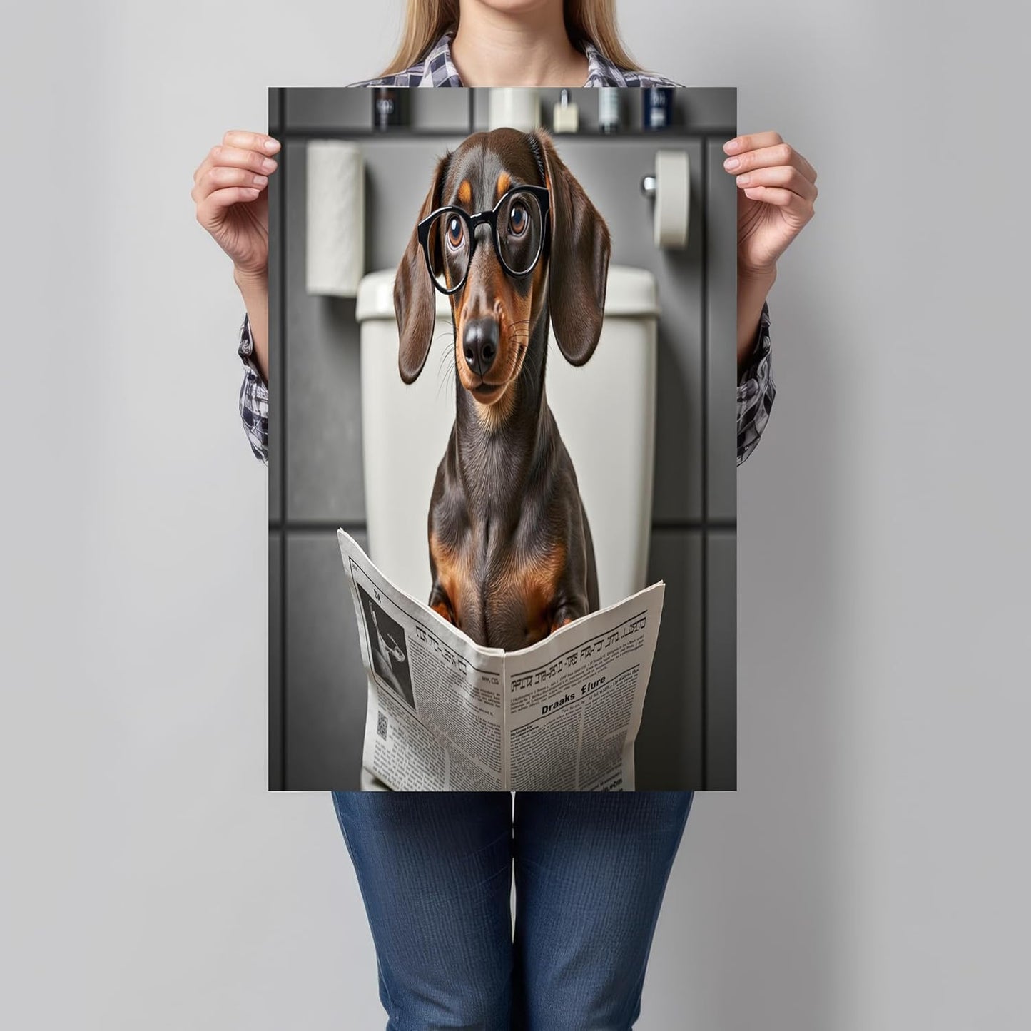 Humorous Animal Canvas Wall Art, Dachshund Sitting On The Toilet Reading The Newspaper Poster Print For Bathroom Living Room Decor 24 X 36 Inch Unframed