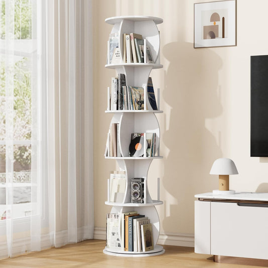 Rotating Bookshelf Tower, 5-Tier Spinning Book Shelf, 360° Revolving Bookcase, Freestanding Corner Bookshelf Organizer for Small Space, Wood Narrow Bookshelf for Living Room, White