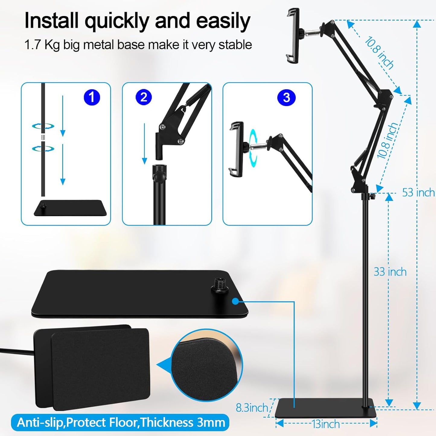 Tablet Floor Stand with Double Weight Base,Overhead Bed Phone Stand Height Adjustable/ Arm Stretchable Tablet Holder, Compatible with 4.5''-13'' iPhone, iPad, Galaxy Tab, Kindle, or Other Phones