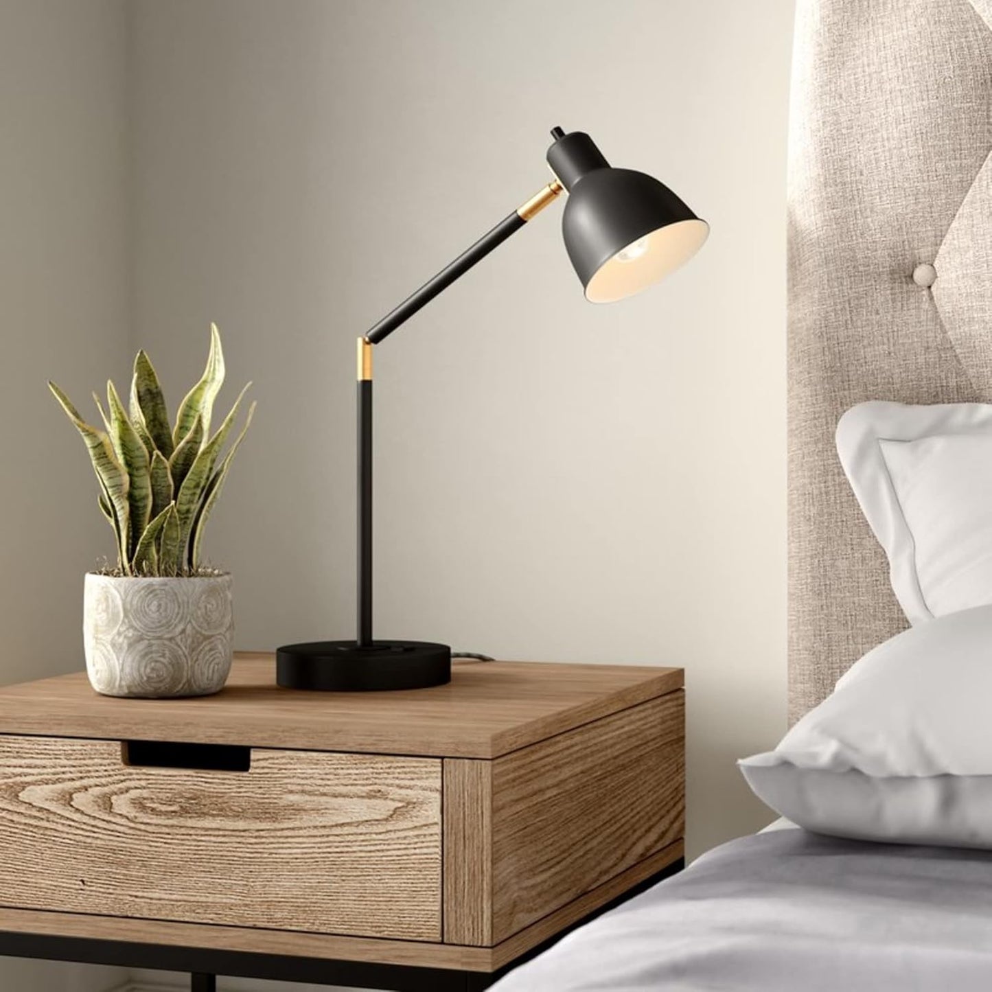 Catalina Lighting 20092-001 Modern Adjustable Desk Light with Power Outlet, Classic Table Lamp for Office, Dorm, or Bedroom, Reading Light Nightstand Lamp, Bulb NOT Included, 20.75", Black