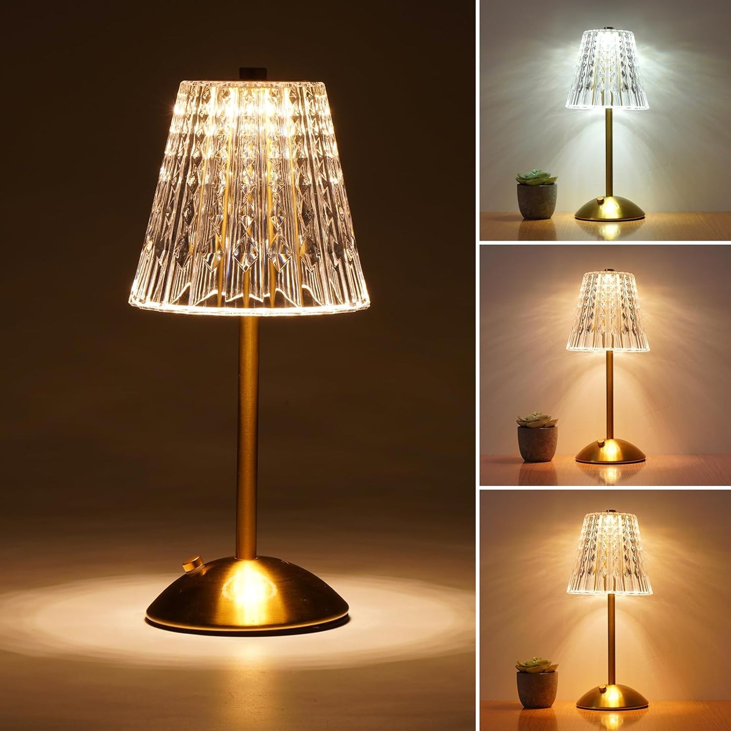Cordless Touch Table Lamp, 3500mAh LED Rechargeable Small Dask Lamp, 3 Colors Dimmable Battery Operated Crysta Lamp for Bedroom Restaurant Kitchen Home Decor, Gold