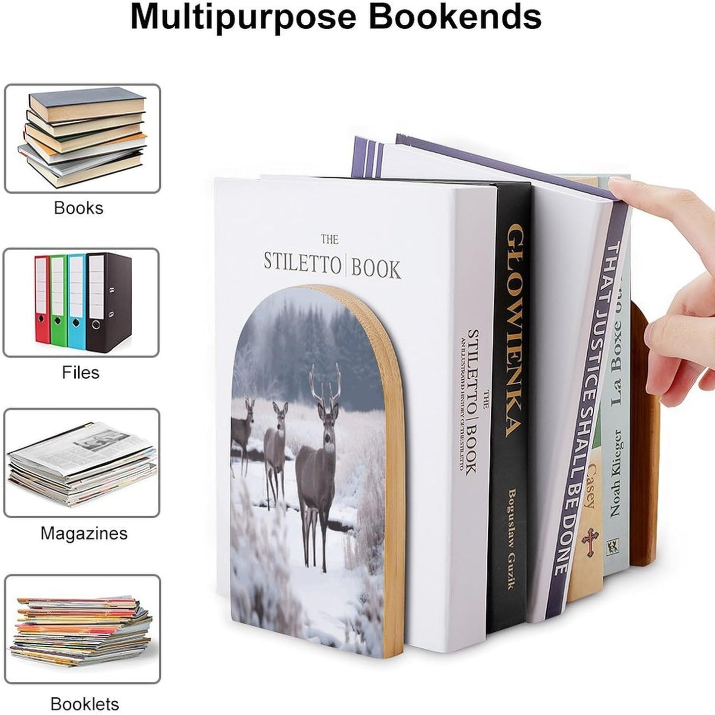 Non-Slip Bookend for Shelves Deer on Frozen Wilderness Wooden Bookends with Metal Base Decorative Book Stopper for Home Heavy Duty Wood Book Storage for Books/CDs