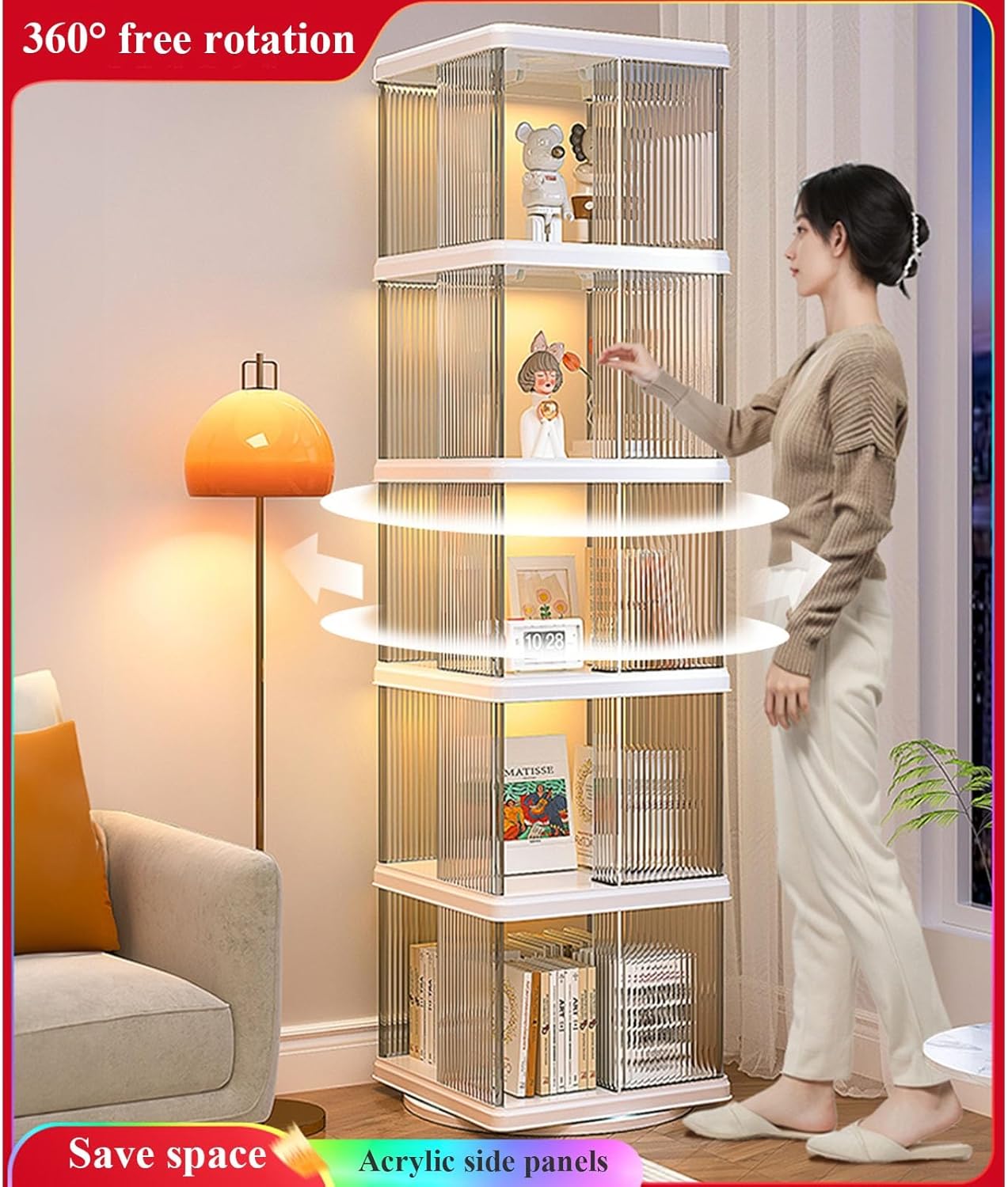 3/4/5 Tier Rotating Bookshelf Tower Acrylic Bookshelf Rotating Bookshelf Tower 360 Degree Revolving Bookcase Transparent Acrylic Rotating Bookcase Freestanding Spinning Bookshelf For Living Room(Four