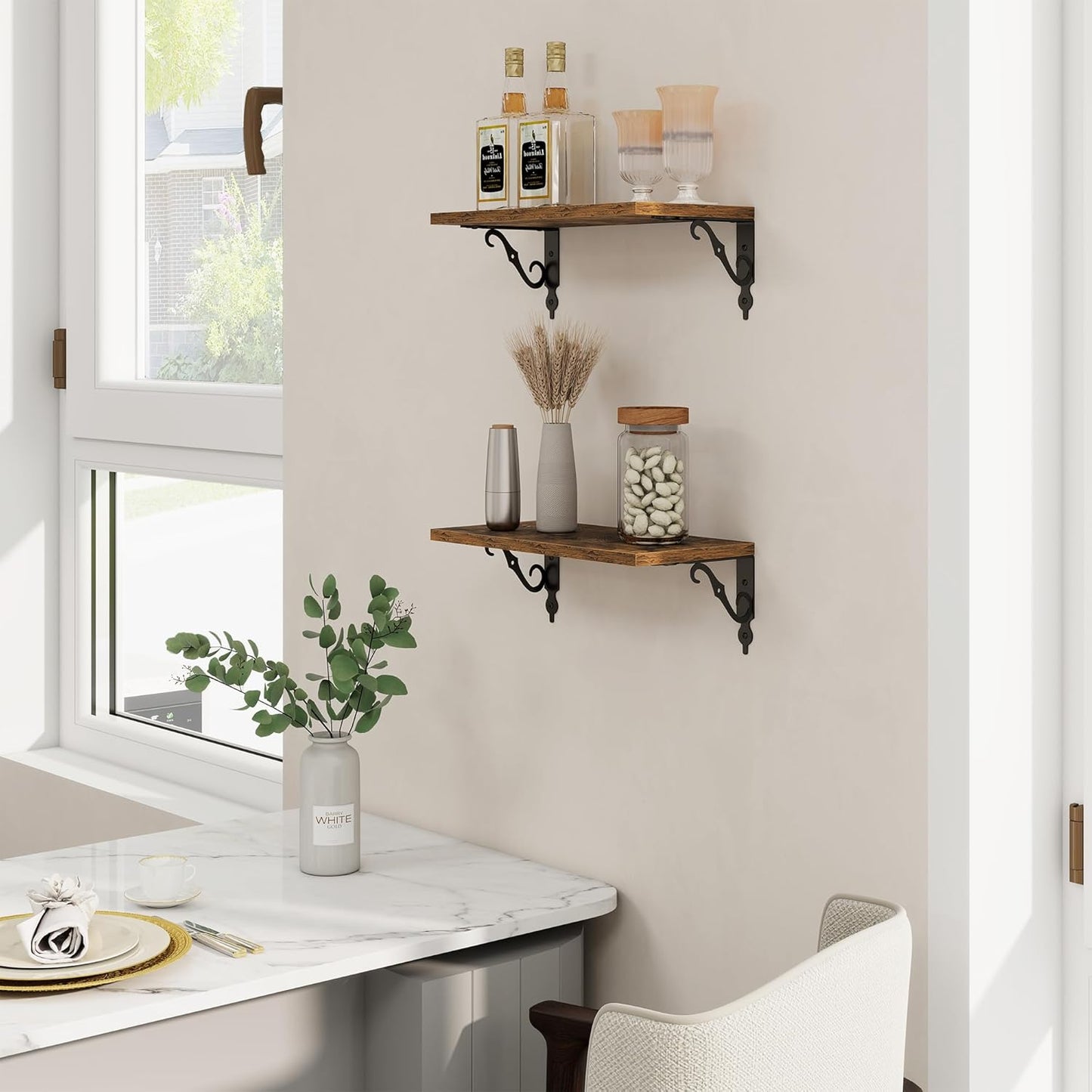 RICHFOCUS Floating Shelves for Wall Decor, 8 Inch Deep Floating Shelves Set of 2, 16W x 8D Shelves Wall Mounted with Metal Brackets, Wood Shelves for Living Room Bedroom Kitchen, Rustic Brown