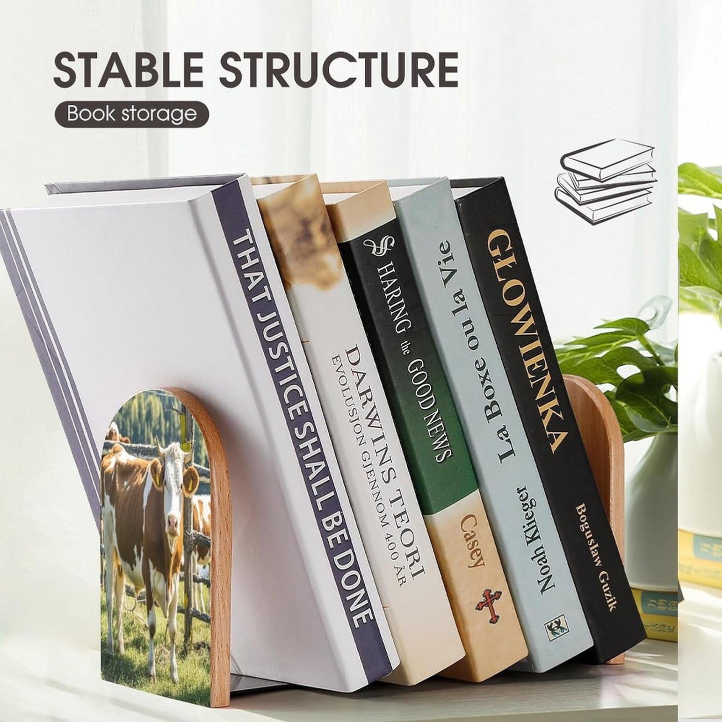 Farm Cow Pictures Bookends 1 Pair Heavy Duty Book Ends for Shelves Non-Skid Bookend Supports Wooden Book Holders with Metal Base Desk Organizers Books Storage to Hold Books