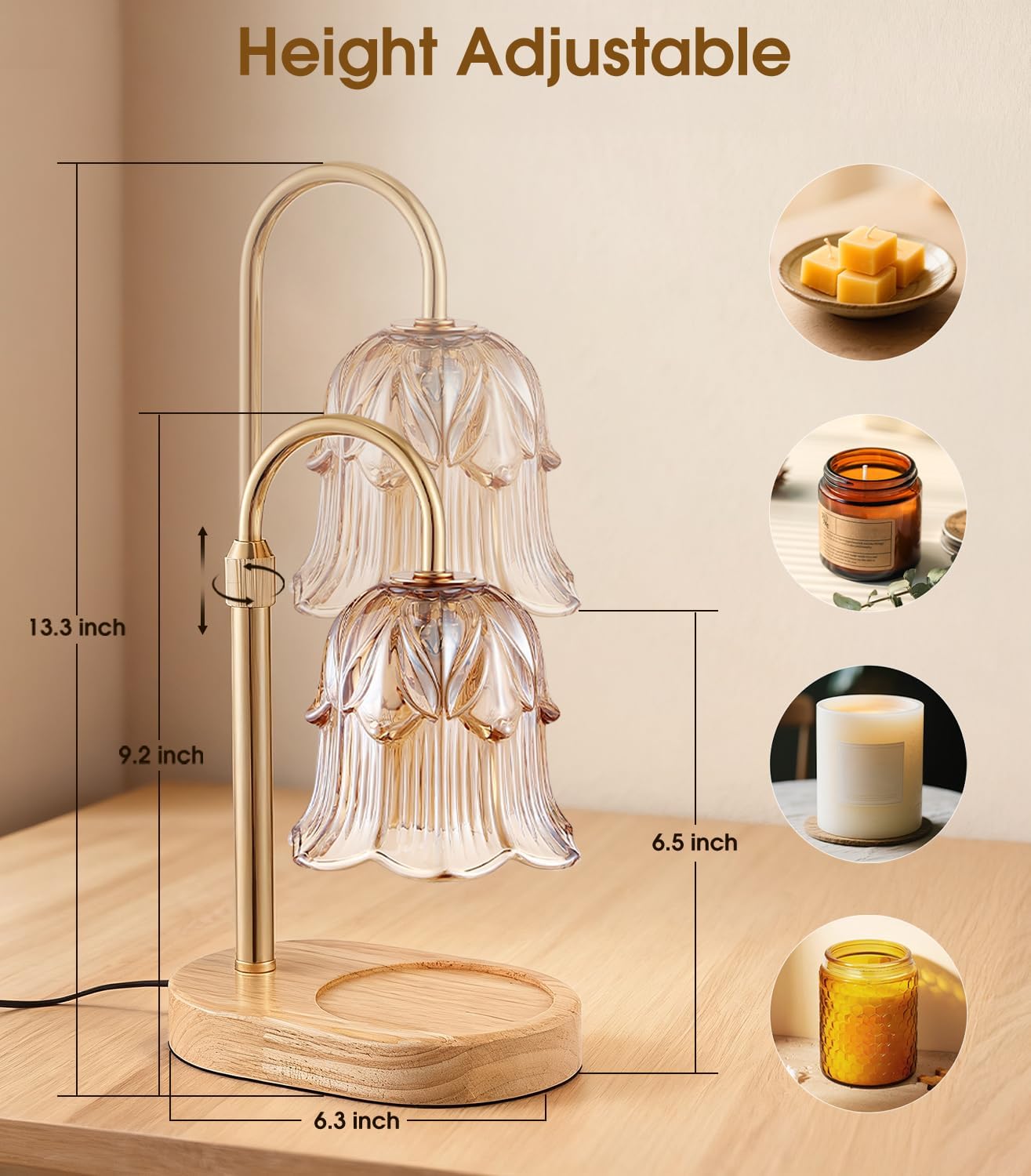 Candle Warmer Lamp Adjustable Timer - Electric Flower Glass Candles Warmers Adjustable Height Dimmable Vintage Base Modern Wax Candles Top Warmers for Small Jar Scented Wax Melts