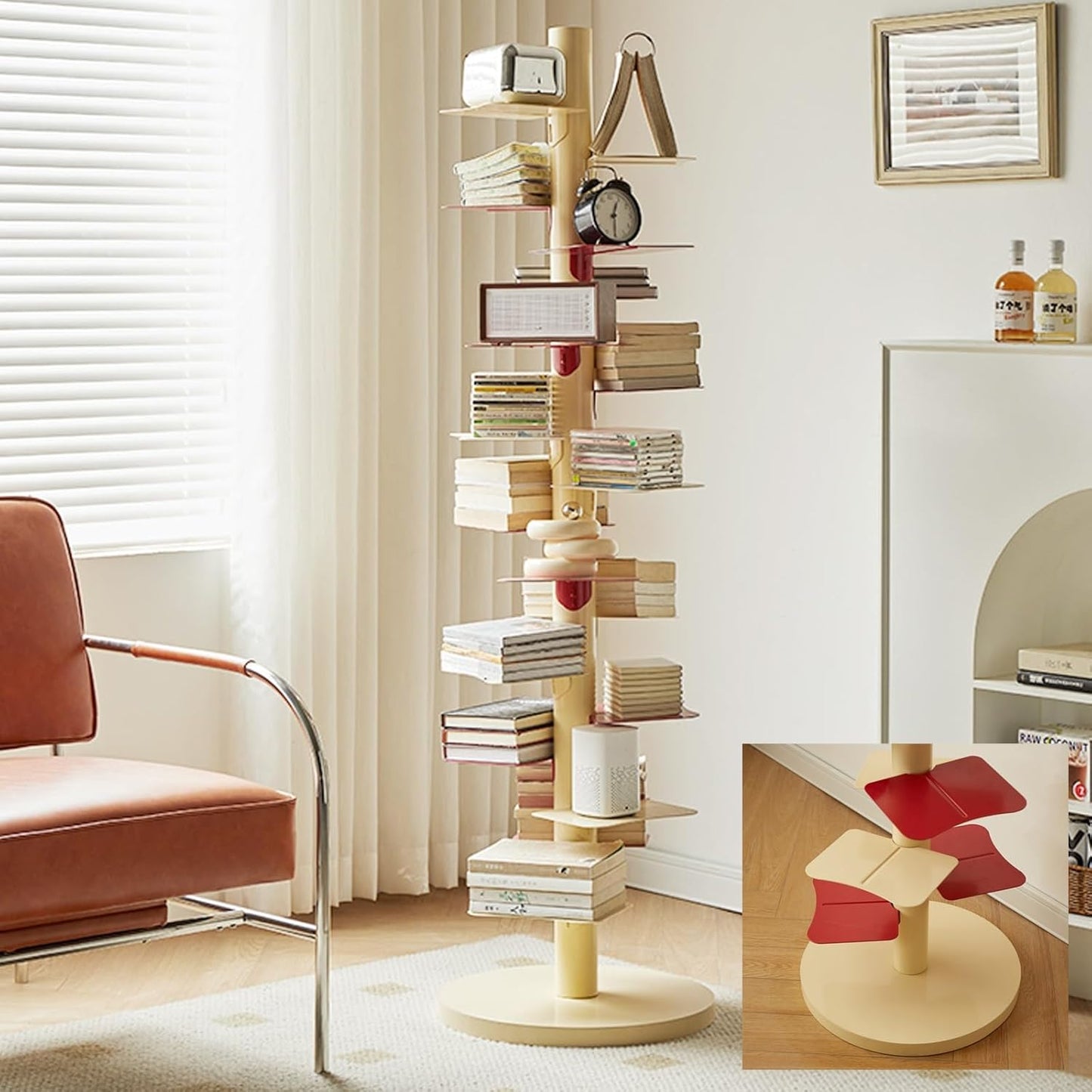 Multipurpose Display Book Shelf ，Floor-to-Ceiling Simple Narrow Invisible Bookshelf ，Multipurpose Corner Bookshelf, Metal Book Tower for Small Spaces ，Metal Bookshelf – Vertical Book Tower(Red and whi