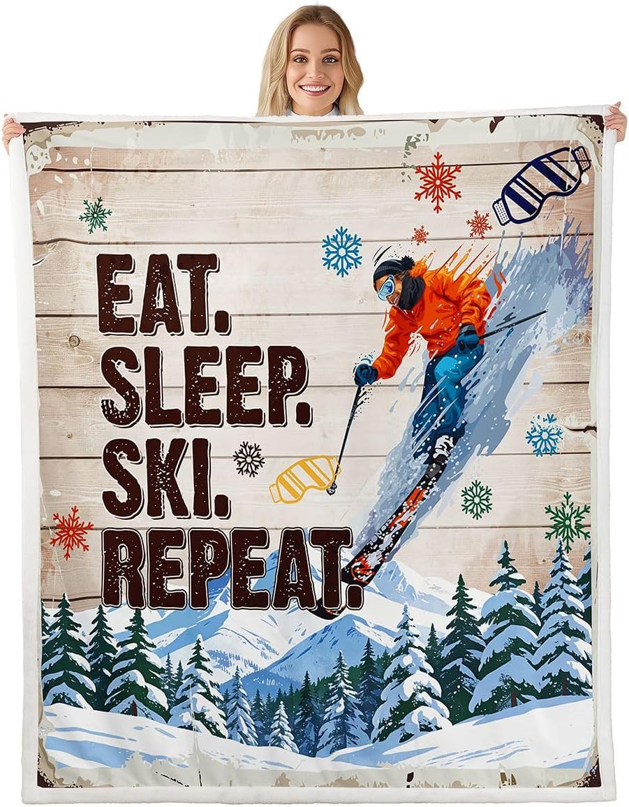 Ski Throw Blanket Rustic Farmhouse Brown Wooden Fleece Blanket Skiing Skier Sports Games Blankets Kids Boys Girls Adult Room Decor Winter Snow Mountain Sherpa Blanket,for Chair/Sofa,50"x60"