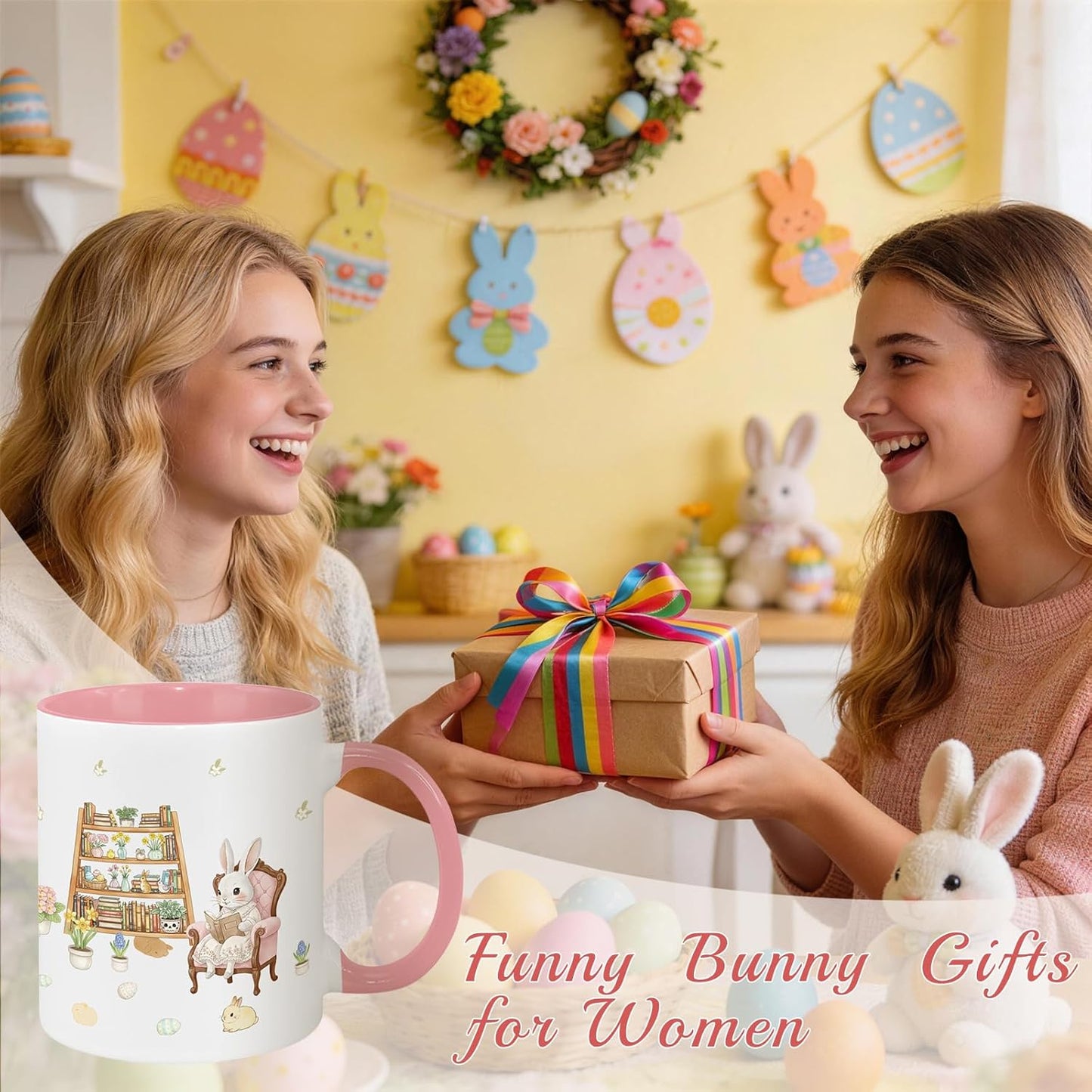 Easter Coffee Mugs 11Oz Bunny Mug, Cute Coffee Mug, Easter Gifts, Bunny Gifts for Women and Girls Daughter, Spring Coffee Mugs Pink, Gift for Rabbit Lovers, Friends and Family