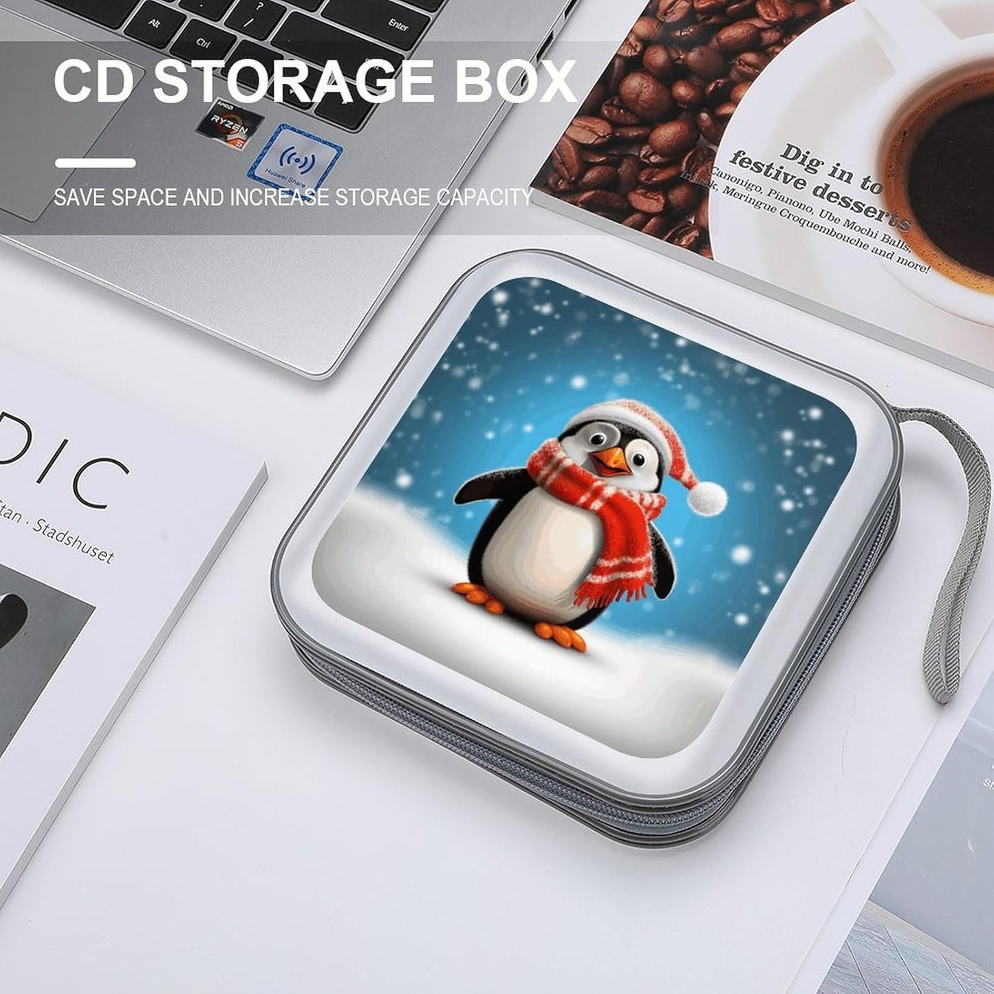 Christmas Funny Penguin CD Case 40 Capacity Case Zipper CD Collection Bag with Handles Cover DVD Storage Hard Plastic DVD Disc Cases Storage Binder for Car Home Office Travel