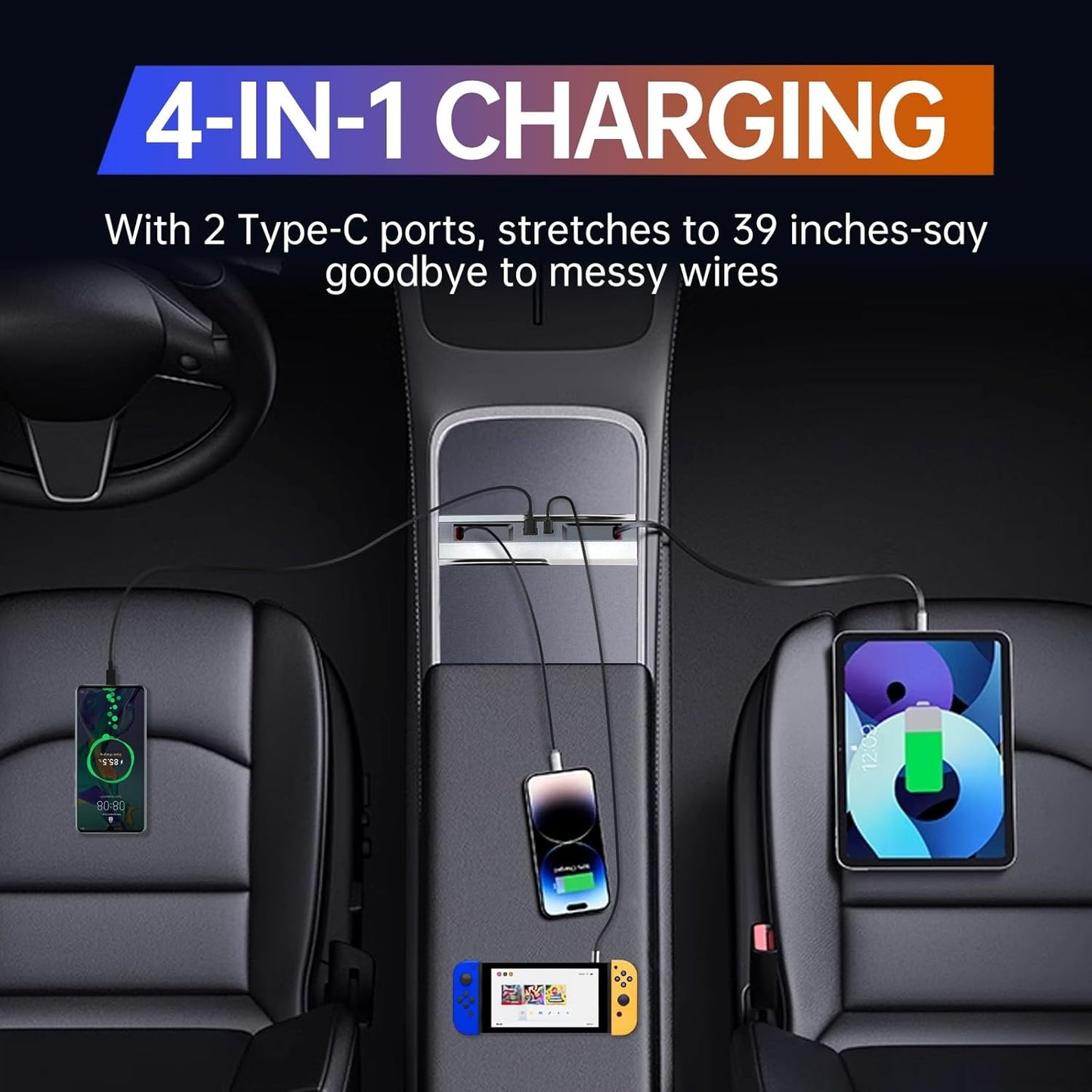 USB Hub for Tesla Model Y Juniper 2025 2026 Model 3 Highland 2024 2025 with Sliding Cover, 119W Dual Type-C Retractable Cables Multi Ports Fast Charger fit Center Console Docking Station