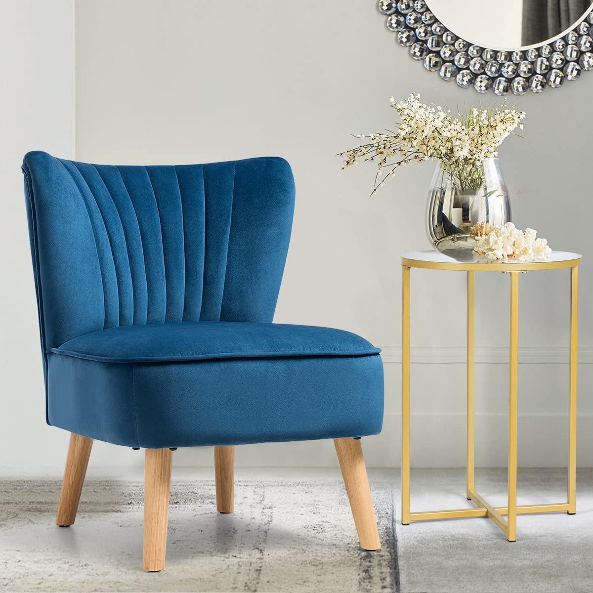 KOTEK Velvet Accent Chair, Modern Armless Accent Chair w/Solid Rubber Wood Legs, Upholstered Side Chair Club Sofa Chair Slipper Chair for Living Room Bedroom (Blue)