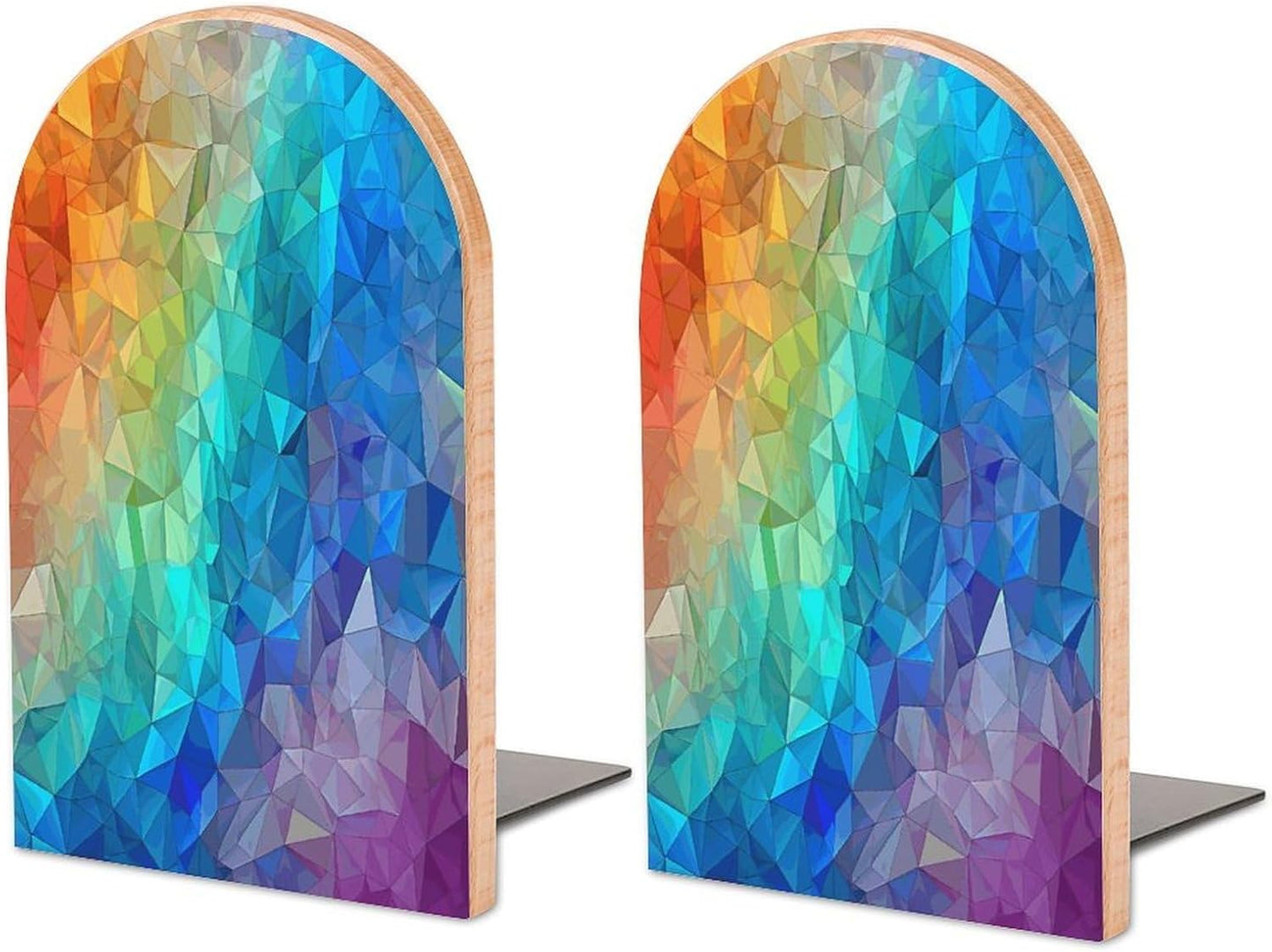 Rainbow Triangle Bookend for Shelves Wooden Book End Large Size Sturdy Book Holders Stoppers with Metal Base for Bookshelves Slick Decorative Bookends Stands
