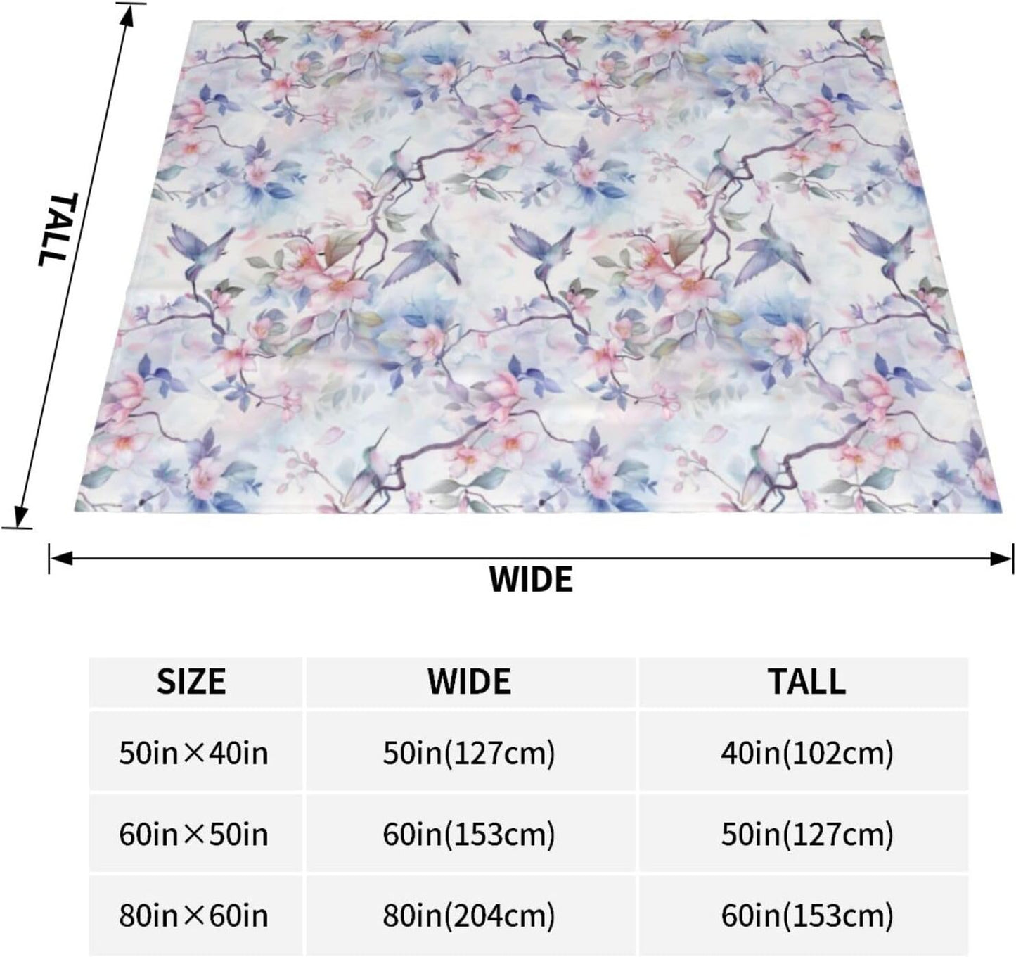 Floral Hummingbird Blanket Gifts for Women Kids, Watercolor Flower Bird Fleece Blankets, Cozy Plush Flannel Throw for Couch, Bed, Living Room Decor 50"x60"
