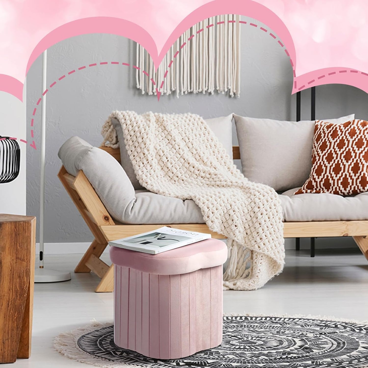 Qinyoung 2 Pcs Storage Ottoman Flower Shaped Foot Stools Foldable Velvet Storage Box Footrest Small Ottoman Seat with Folding Vanity Stool for Dorm Home 12. 6 x 12. 6 x 12. 6 Inch(Pink)