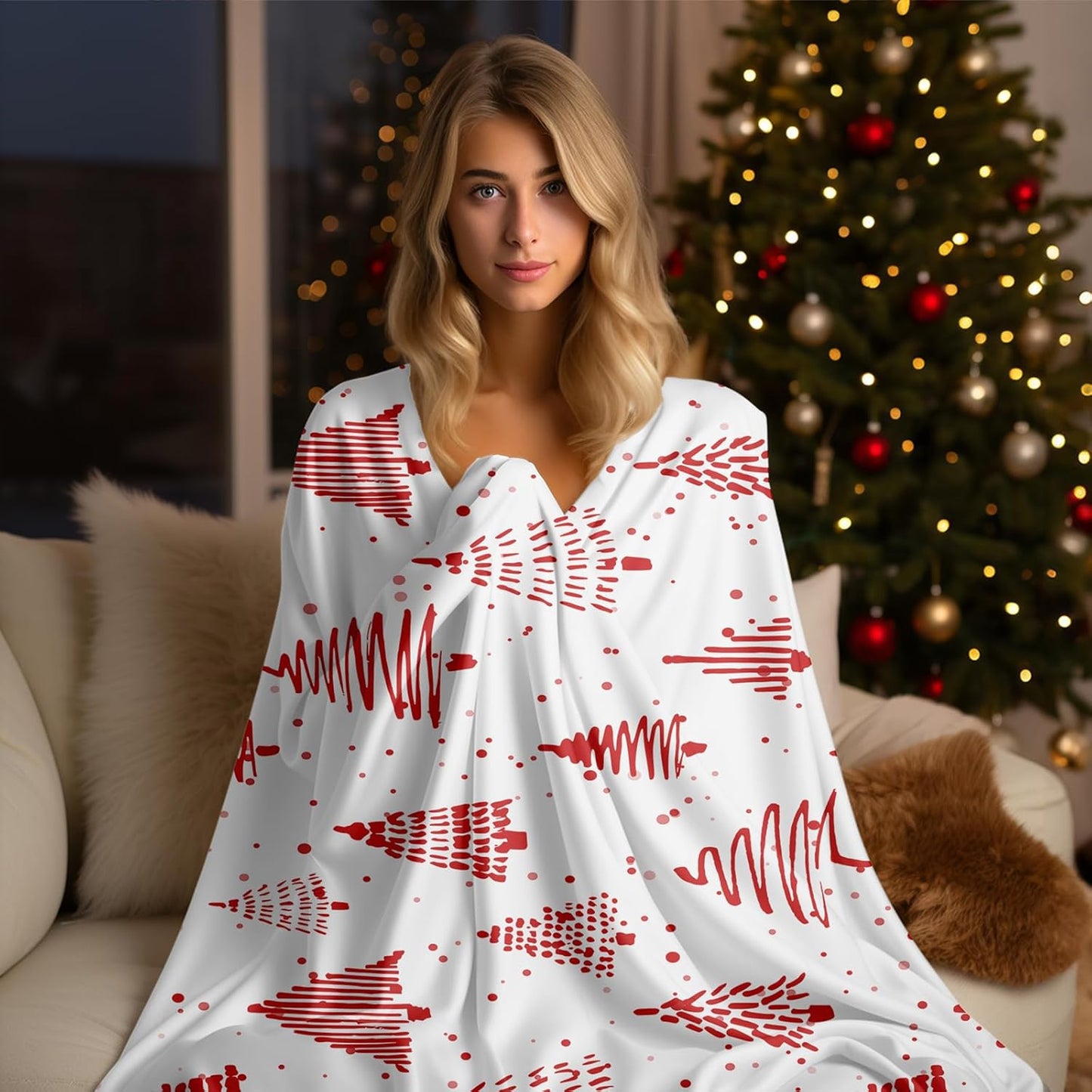 Christmas Tree Throw Blanket, Winter Red White Xmas Tree Warm Flannel Blanket for Living Room Couch Bed Chair or Dorm, 50x60 Inch