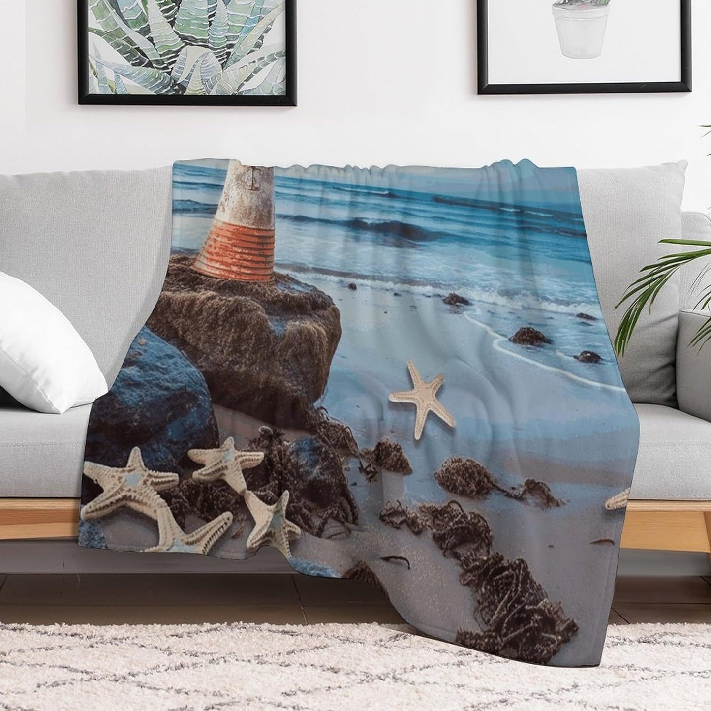 Starfish Lighthouse Beach Blanket Super Soft Lightweight Throw Blanket Cute Cozy Warm Bed Blanket Decorative Fuzzy Blanket All-Season Home Decor Gift for Sofa Couch Living Room 50"*60"（130 * 150cm）