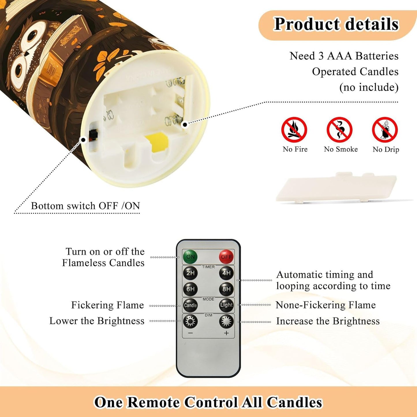 ALAZA Owl Reading Pattern Flameless Candles with Remote Timer,LED Flickering Battery Operated Electric Pillar Tea Light Candles for Wedding Table Christmas Decorations 3" x3.9"
