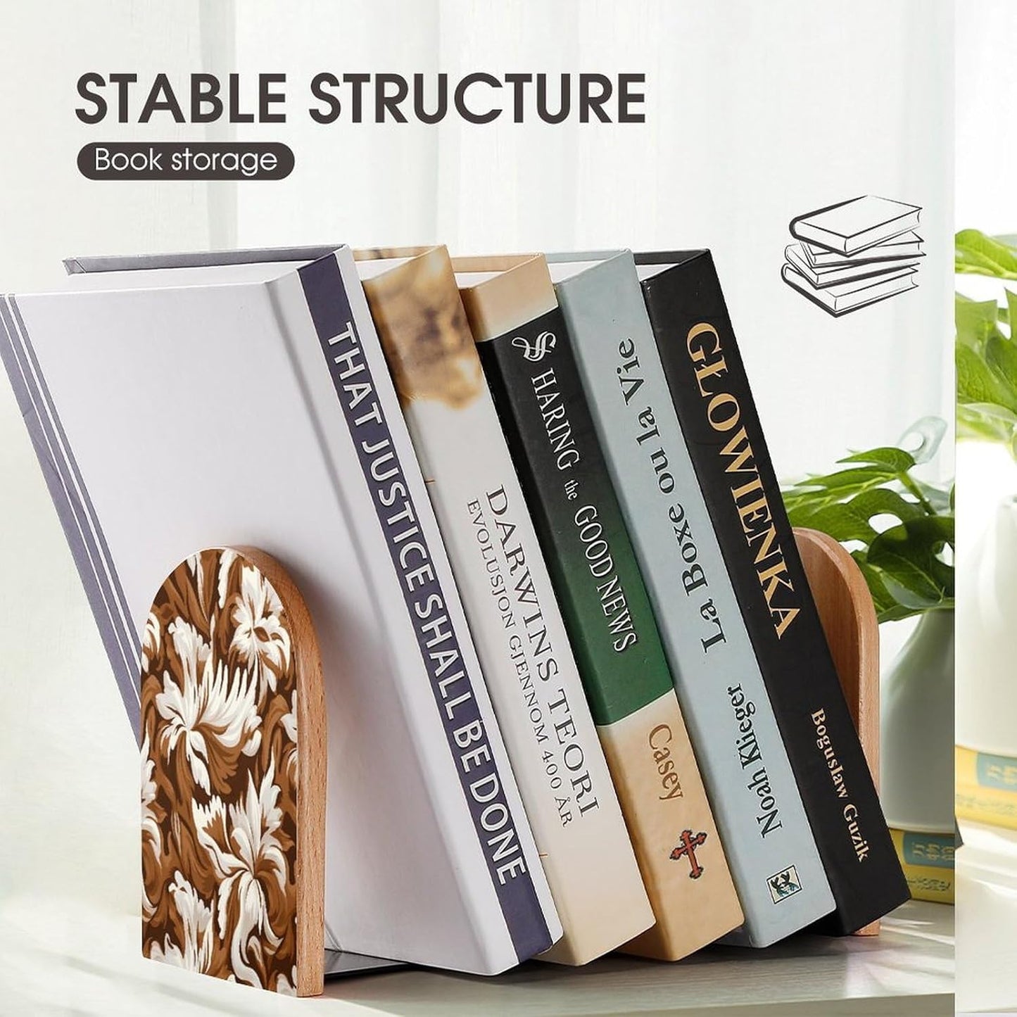 Brown and White Pattern Bookends 1 Pair Heavy Duty Book Ends for Shelves Non-Skid Bookend Supports Wooden Book Holders with Metal Base Desk Organizers Books Storage to Hold Books