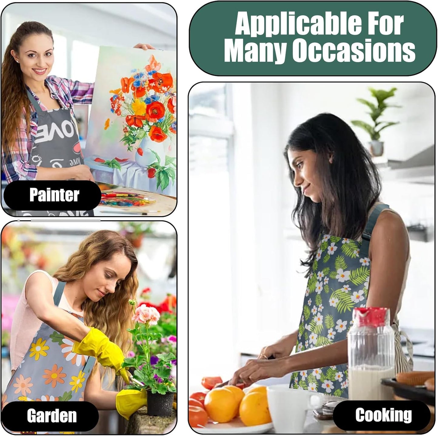 Jeffbaubl 4 Pack Floral Aprons with Pocket, Adjustable Cooking Aprons, Waterproof Aprons for Women, Kitchen Aprons with Pockets for Cooking Gardening Baking Salon