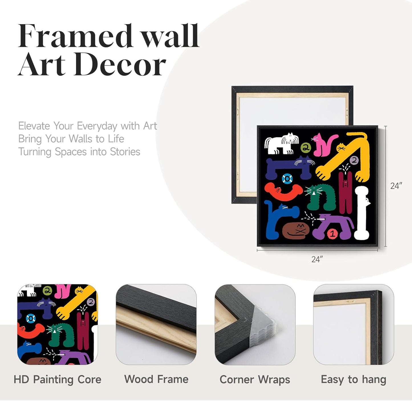 Framed Colorful Funny Cat Wall Art for Kids Room, Abstract Eclectic Cute Cartoon Prints Painting, Large Playful Animal Picture Wall Decor for Living Room Bedroom Nursery 24x24 Inch