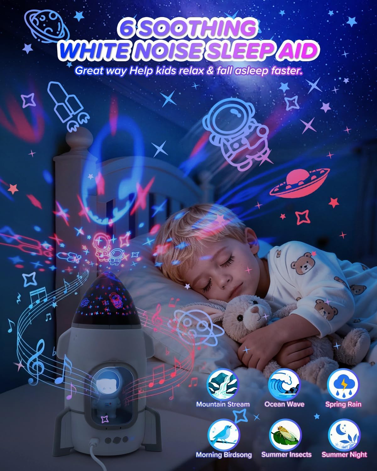 Rocket Night Light Projector for Kids Boys Toddlers Sensory Toys with Music&Films,Nightlight Lamp Astronaut Ceiling Star Projector 360° Rotation&Rechargeable,Birthday Gifts Kids Bedroom Room Decor