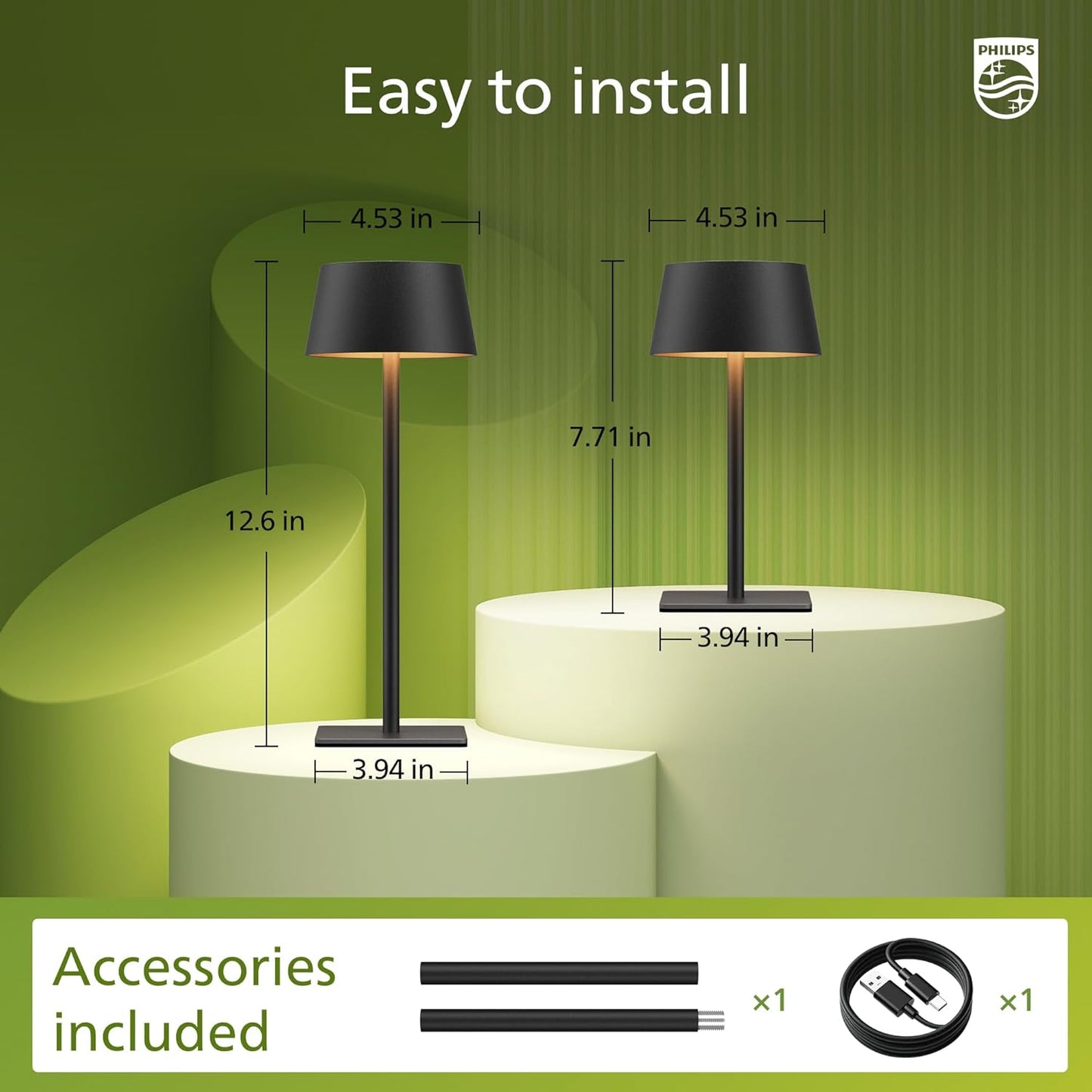 Philips Solar Outdoor Table Lamp, Portable LED Desk Light,Cordless Battery-Operated，2 Adjustable Height, Touch Control & Stepless Dimming Night Light，Waterproof for Garden, Bedroom
