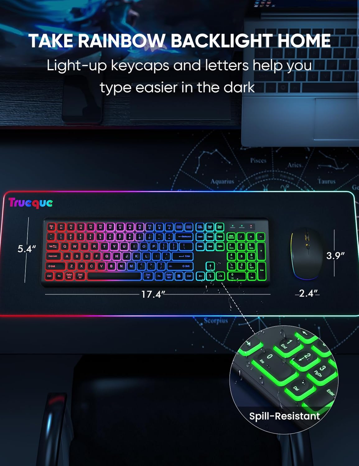 Wireless Keyboard and Mouse Combo, RGB Backlit, Rechargeable & Light Up Letters, Full-Size, Soft Typing, Sleep Mode, 2.4GHz Quiet Keyboard Set for Mac, Windows, Laptop, PC, Trueque KM42Pro (Black)