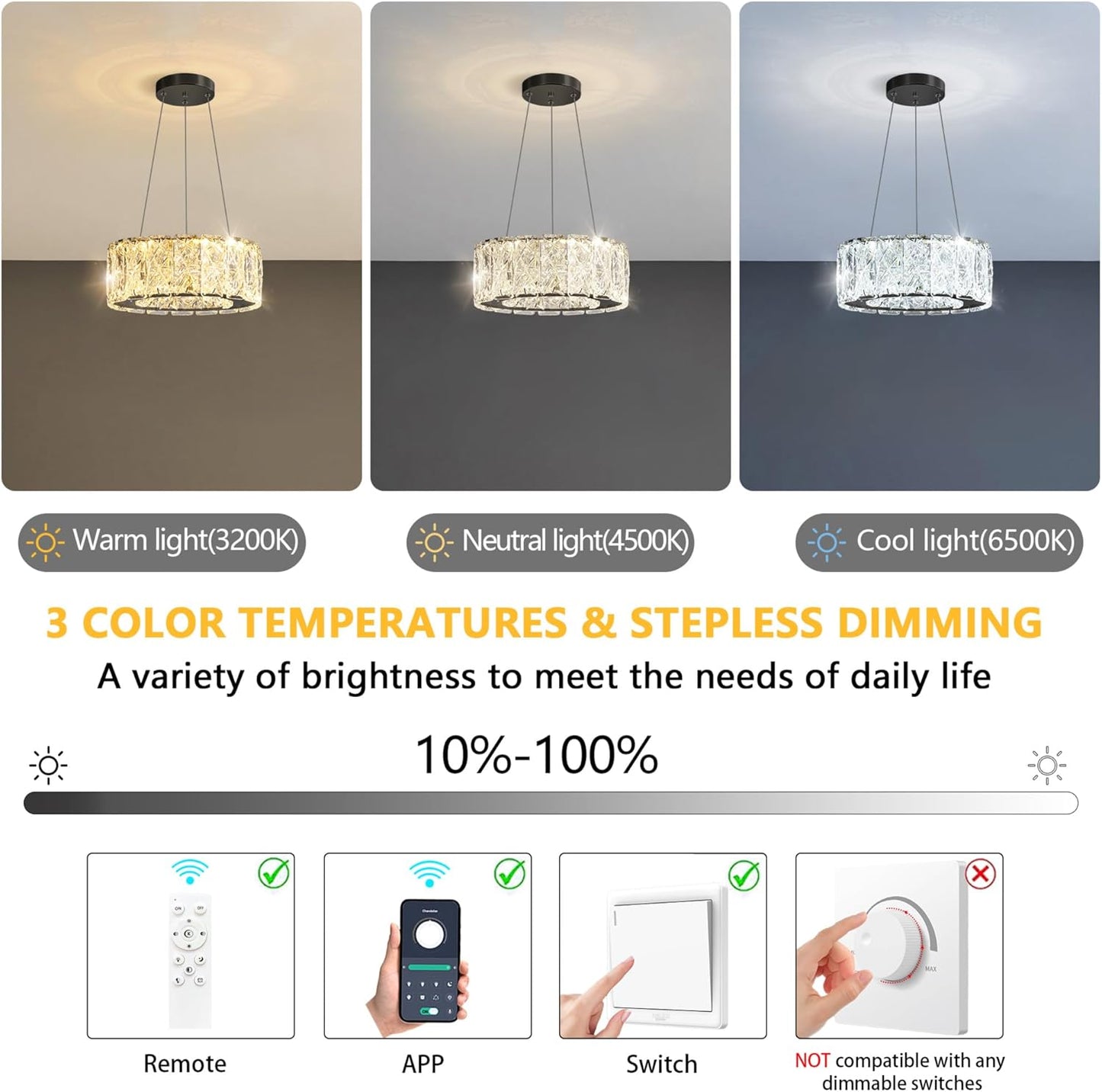 Modern Crystal Chandelier 8W Dimmable LED Crystal Pendant Light Fixtures Height Adjustable Round Chandeliers for Dining Room Hallway Bedroom Black