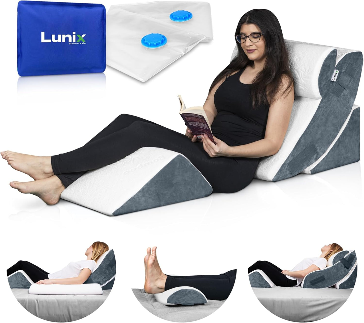 Lunix LX5 4pcs Orthopedic Bed Wedge Pillow Set with Washable Cover, After Surgery Memory Foam Support, OEKO-TEX Certified, Comfort for Sleep and Recovery, with Hot/Cold Pack & Vacuum Bags, Arctic Navy