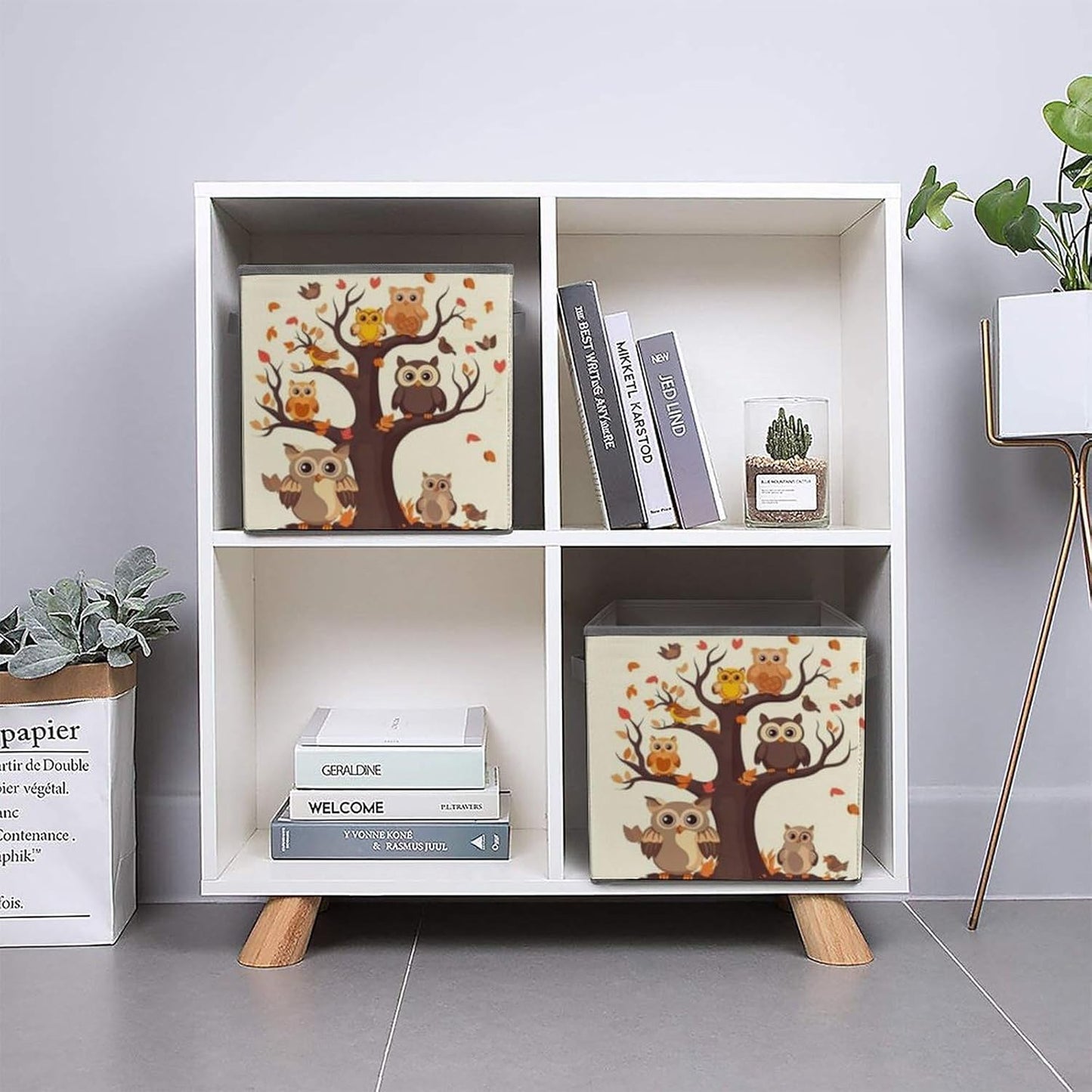 Cartoon Family Owls On The Brown Tree Storage Bins with Handles Fashion Large Storage Cubes Sturdy Foldable Storage Boxes Space-Saving Storage Baskets for Home Office Clothes Closet Organizers