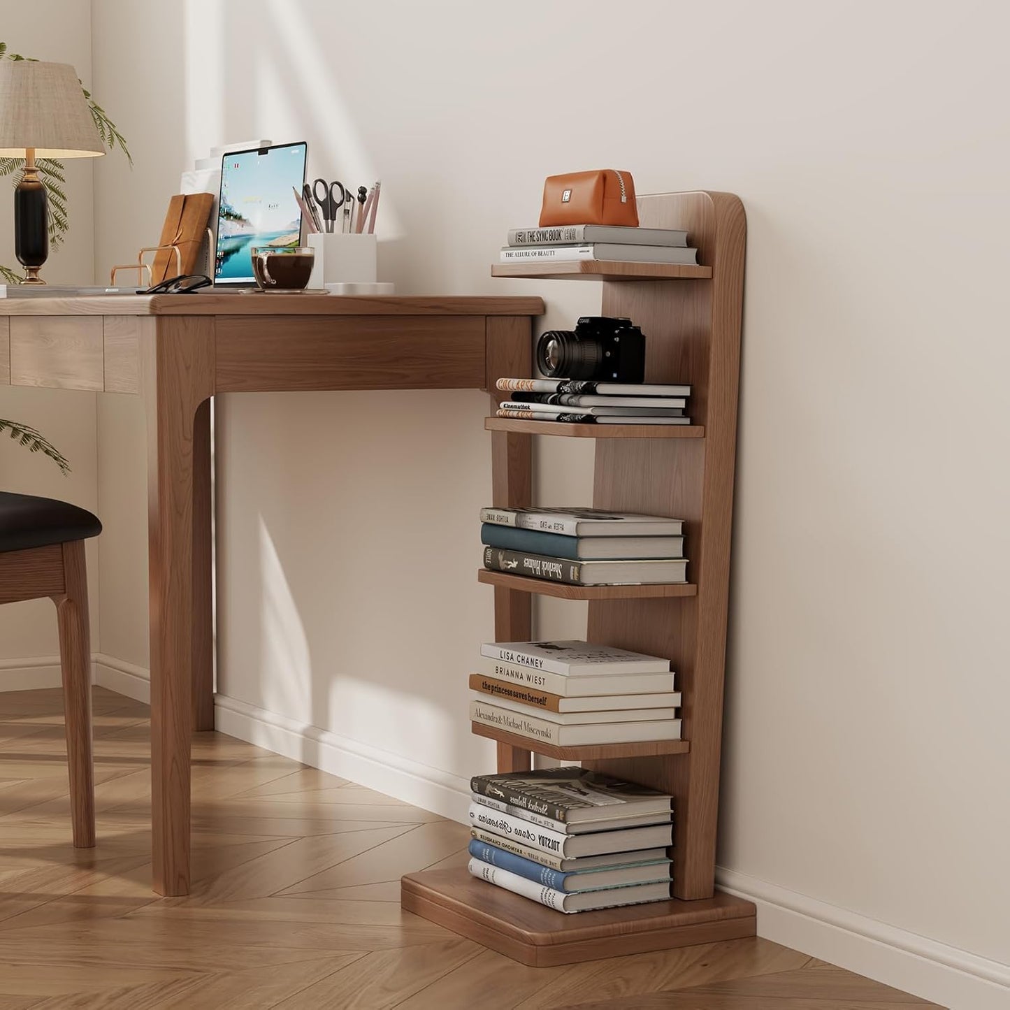 WoodsWhisper Narrow Bookshelf Ladder Bookshelf 5 Shelf Bookcase, Mid Century Modern Bookcase with Freestanding Display Shelves,Anti-tip Device and Thickened Base for Small Space,Living Room, Office