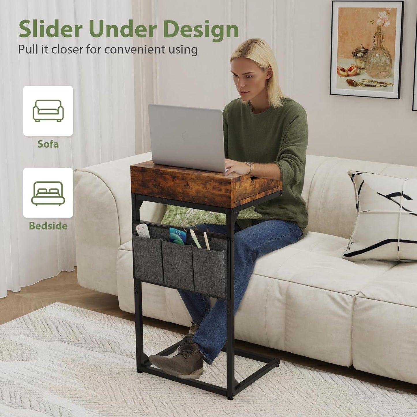 C-Shaped End Table with Drawer, Slide Under Sofa Storage Table with Metal Frame, Modern Design for Living Room, Bedroom, or Small Spaces, Vintage Brown